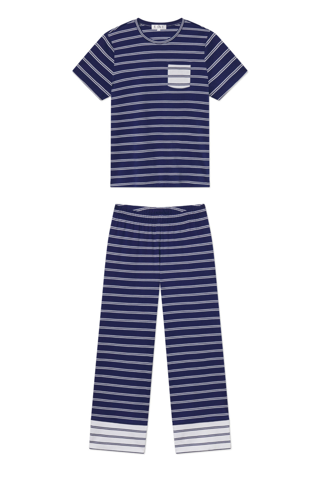 Pima Crew Wide Leg Pajama Set in Blue Depths Tidal Stripe - Featured Image 4