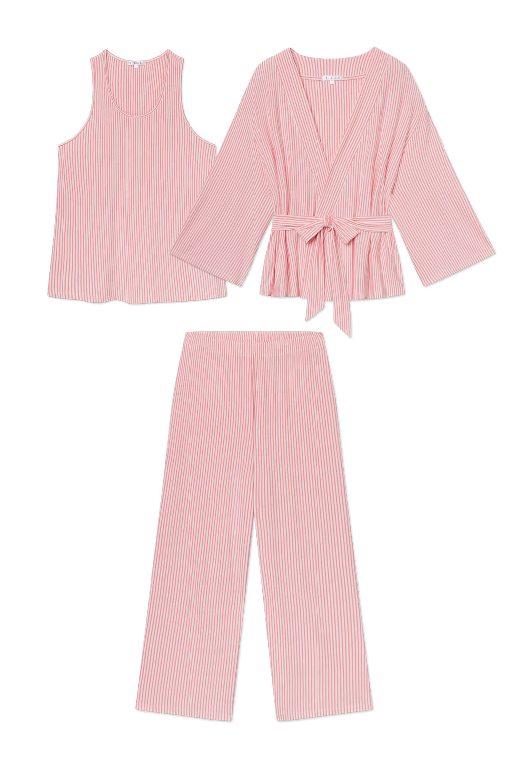 The DreamModal™ Kimono Pants Bundle in Gelato Pencil Stripe includes a sleeveless tank, a kimono-style robe with waist tie, and long loose pants for comfort, all featuring thin pink and white stripes.