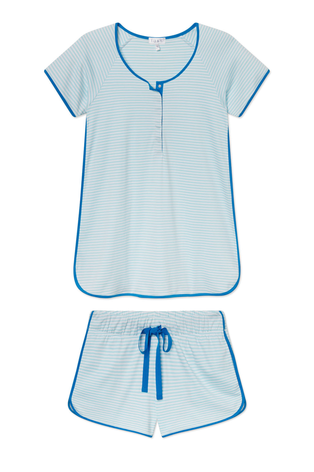 The Pima Maternity Shorts Set in Salt Spray Heritage Stripe features light blue and white stripes, blue trim, and buttons. Made from soft Pima cotton, it has a round-neck top with a partial placket and drawstring shorts with blue edging.