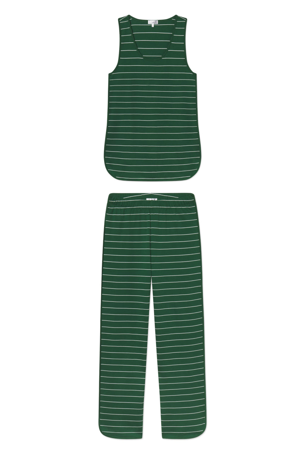The Pima Tank-Long Set in Eden Boating Stripe is a green sleeveless pajama set with white stripes, made from soft Pima cotton. It includes a loose-fit top and wide-leg elastic-waist pants, shown laid flat on a white background.