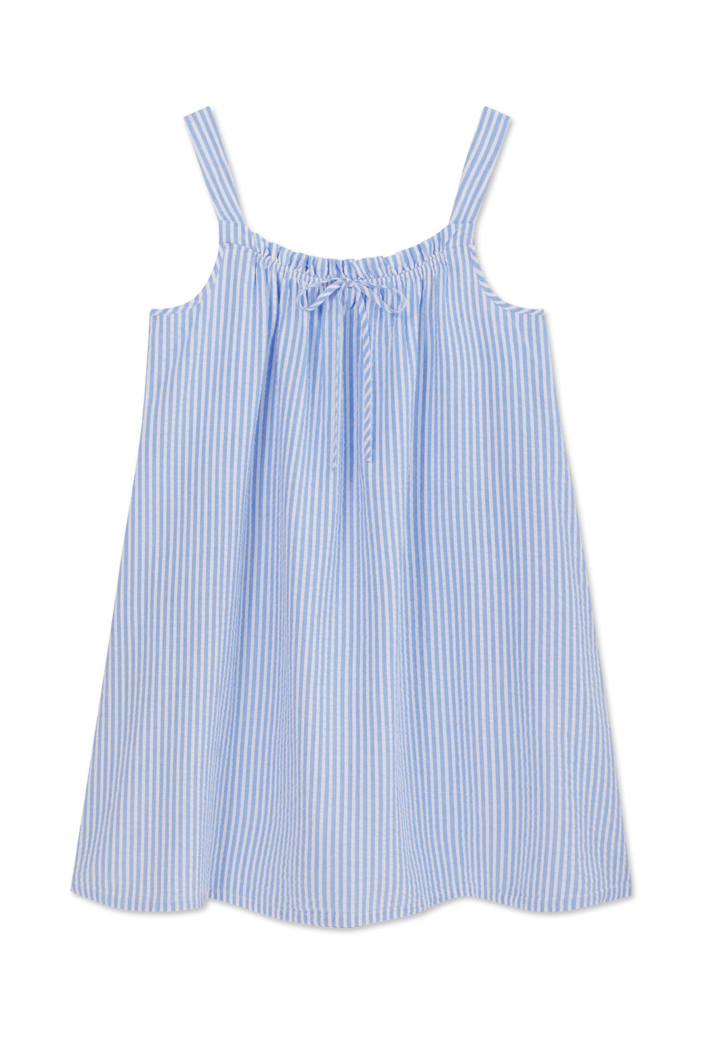 The Alice Nightgown in Blue Seersucker features light blue and white vertical stripes, thin shoulder straps, a small bow at the gathered neckline, and a loose, casual fit made from soft Pima cotton.