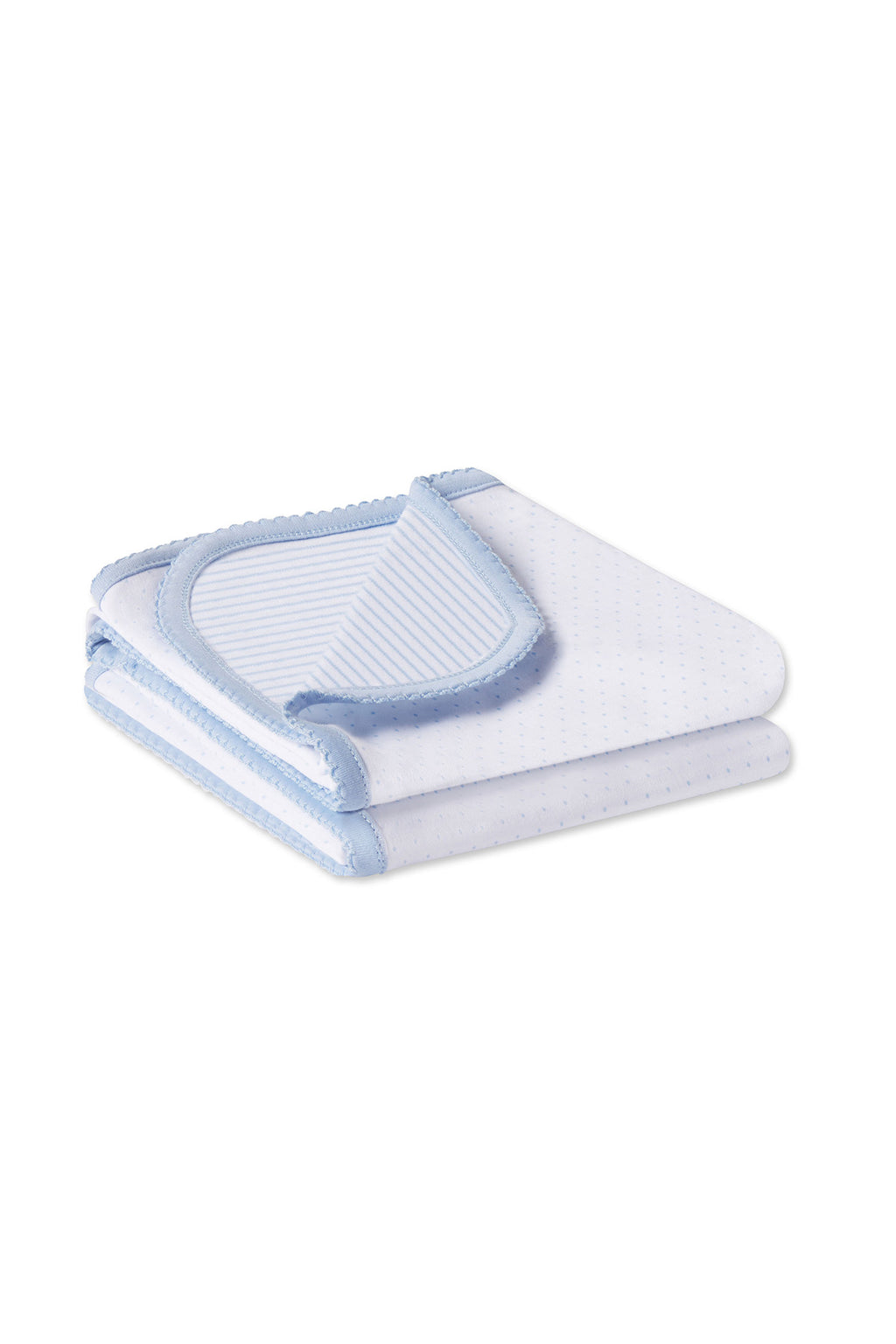 The Reversible Baby Blanket in French Blue Multi is a hypoallergenic, soft Pima cotton baby blanket with a light blue trim and subtle dotted pattern, neatly folded and displayed on a plain white background.