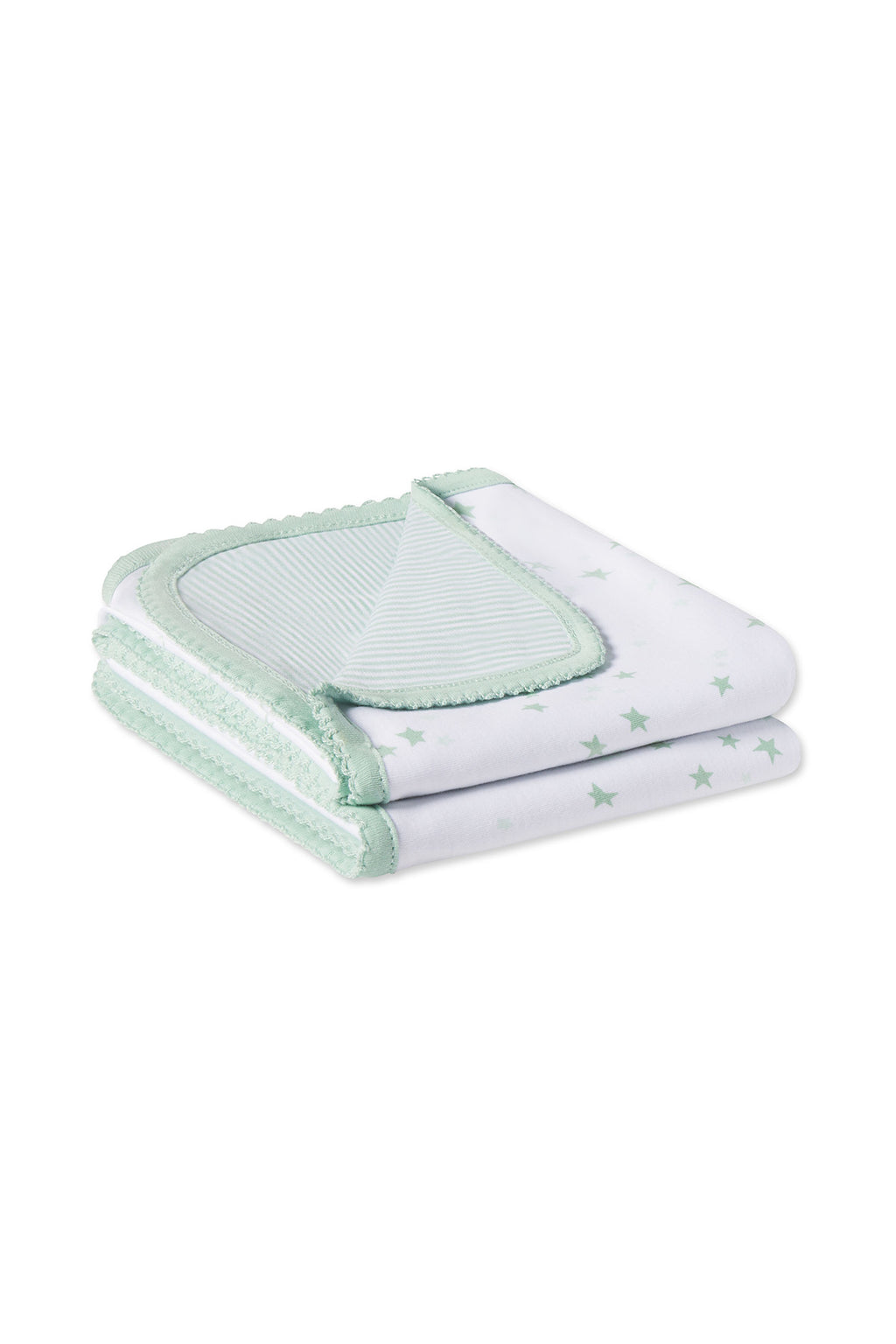 A folded hypoallergenic Reversible Baby Blanket in Parisian Green Multi featuring mint green trim; one side has green stripes, the other displays green stars on a white background.