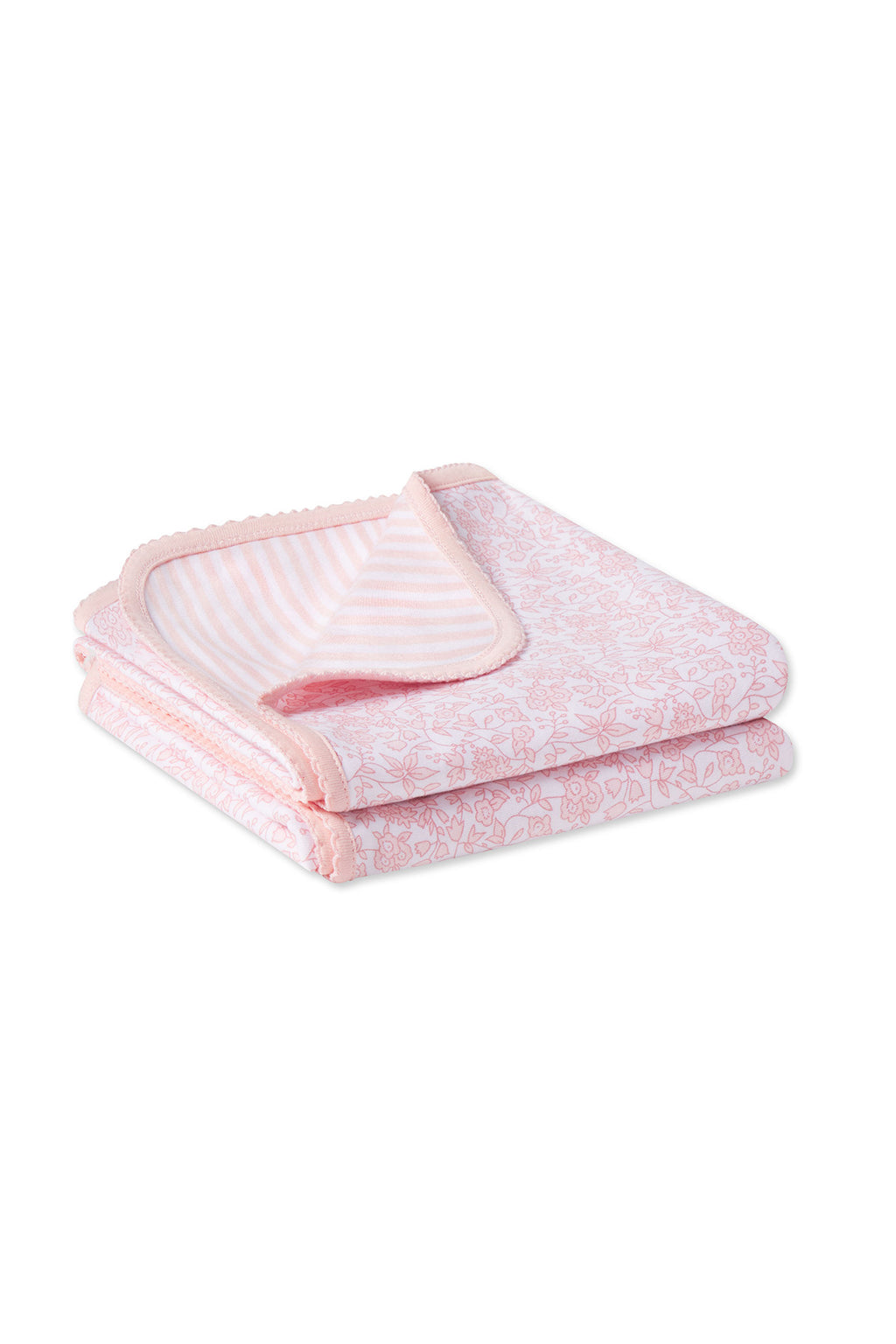 The Reversible Baby Blanket in English Rose Multi features pale pink and white stripes on one side, an English Rose Garden Floral pattern on the other, and is crafted from soft Pima cotton with a delicate pink border.