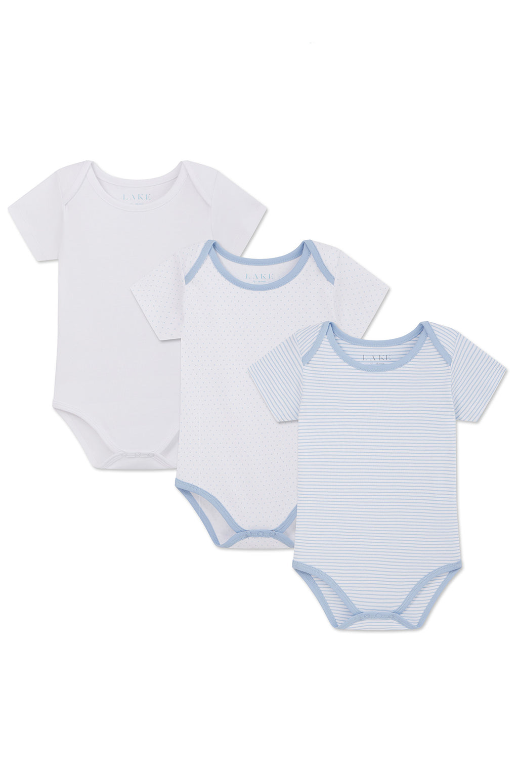 The Baby Bodysuit Bundle in French Blue includes three 100% Pima cotton bodysuits: one plain white, one white with French Blue dots, and one with French Blue and white stripes.