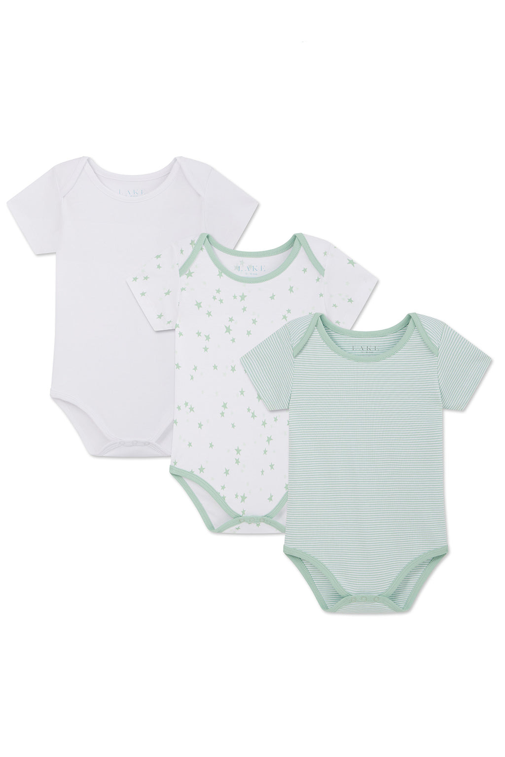 The Baby Bodysuit Bundle in Parisian Green includes three 100% Pima cotton bodysuits: one solid white, one white with green stars and dots, and one light Parisian Green with thin white stripes. All feature short sleeves and green or white trim.