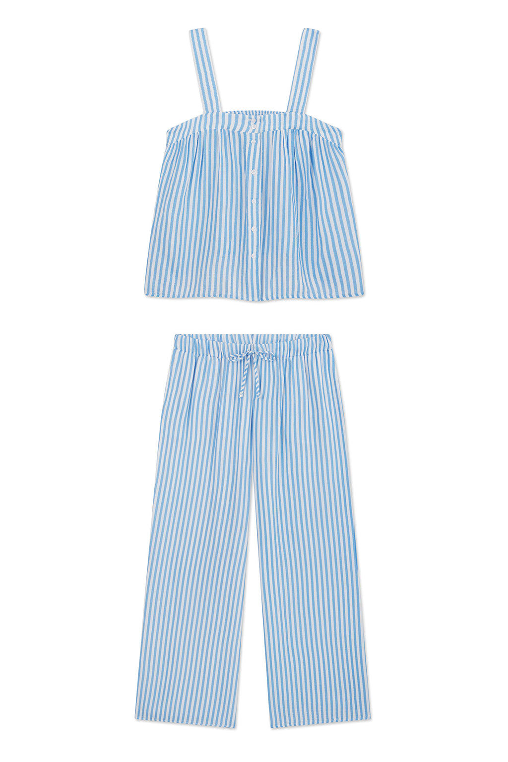 The Hamptons Pants Set in Sail Blue Awning Stripe is a two-piece set with a sleeveless button-up gauze top and matching striped long pants with an elastic waistband—ideal for hot sleepers.