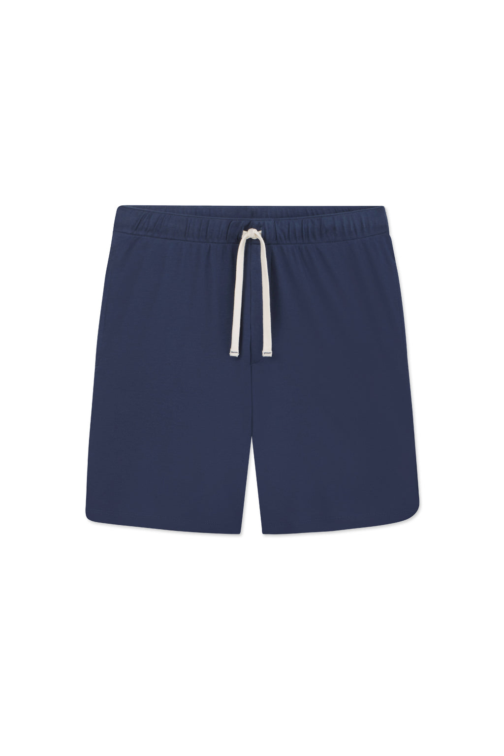 Men’s Pima Sleep Shorts in Navy, featuring an elastic waistband and white drawstring, crafted from soft Pima cotton and shown on a plain white background.