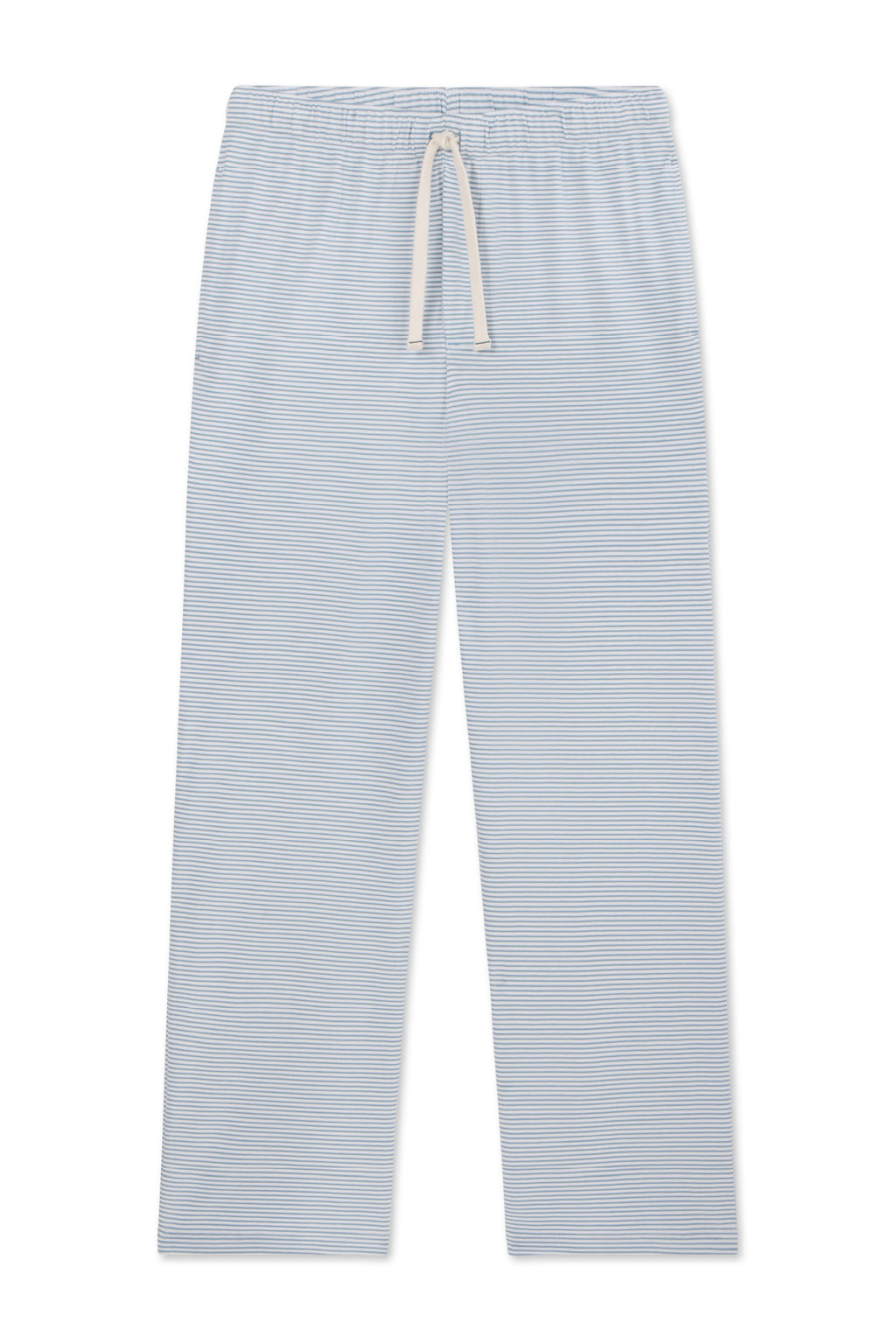 Men’s Pima Sleep Pants in Anchor Blue Bar Stripe, featuring light blue and white stripes, an elastic waistband, and a white drawstring, crafted from soft Pima cotton and shown laid flat on a white background.