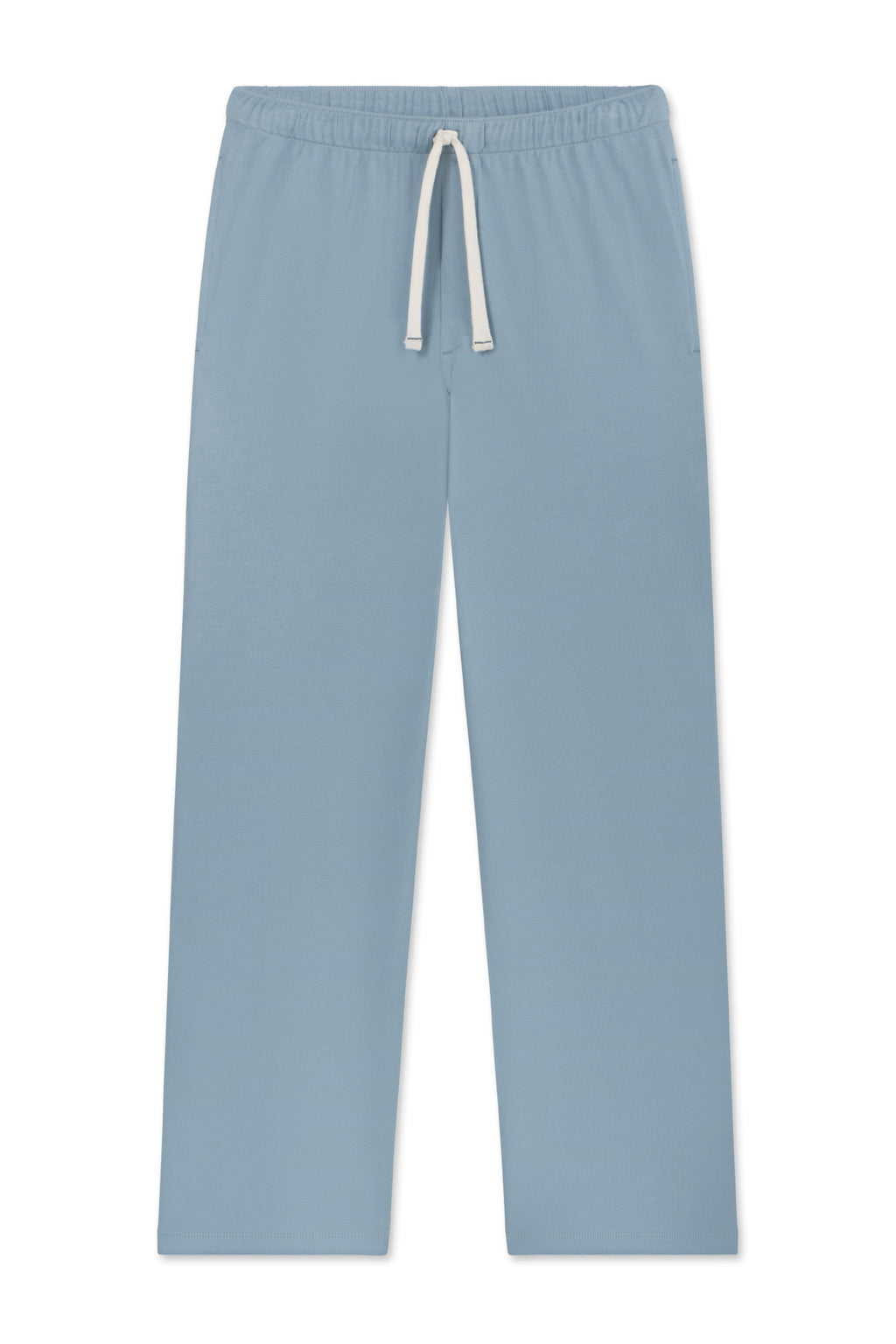 Mens Pima Sleep Pants in Anchor Blue, made from soft Pima cotton with an elastic waistband and white drawstring, shown in light blue on a plain white background.