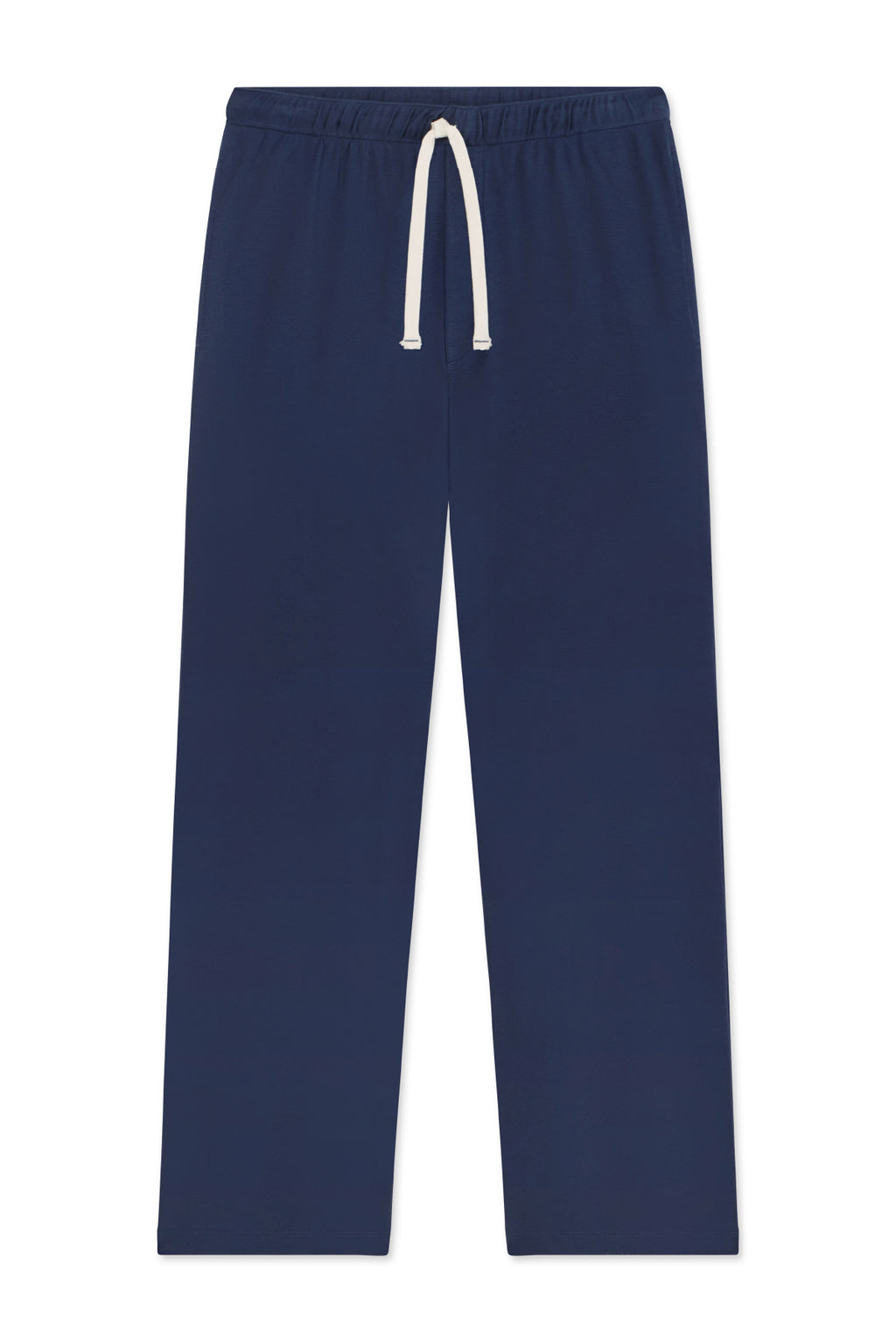Mens Pima Sleep Pants in Navy showcased on a white background, featuring an elastic waistband with a white drawstring and relaxed straight-leg fit. No visible pockets or logos.