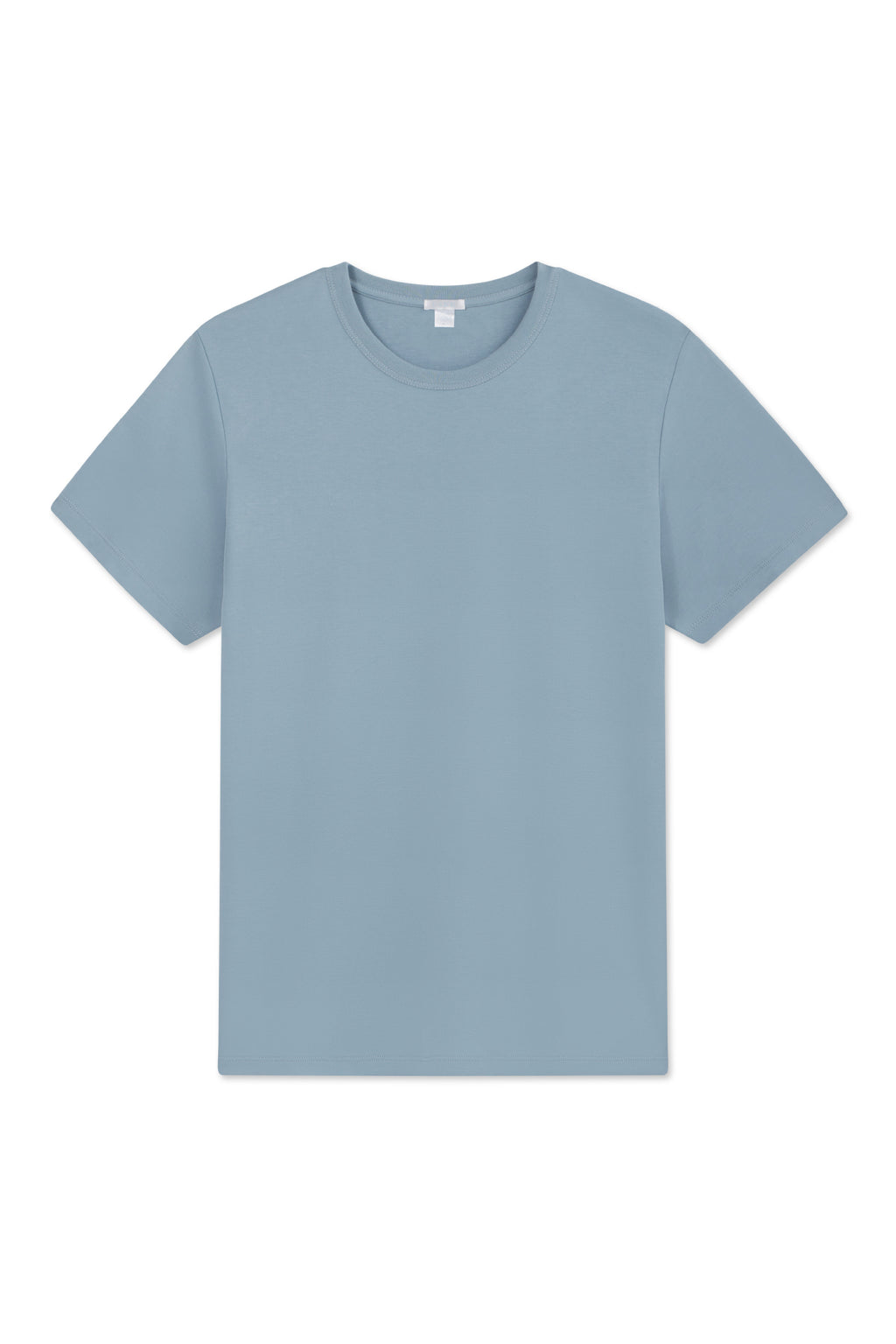 The Mens Pima Crewneck Tee in Anchor Blue is laid flat on a white background, crafted from soft Peruvian cotton with classic short sleeves.