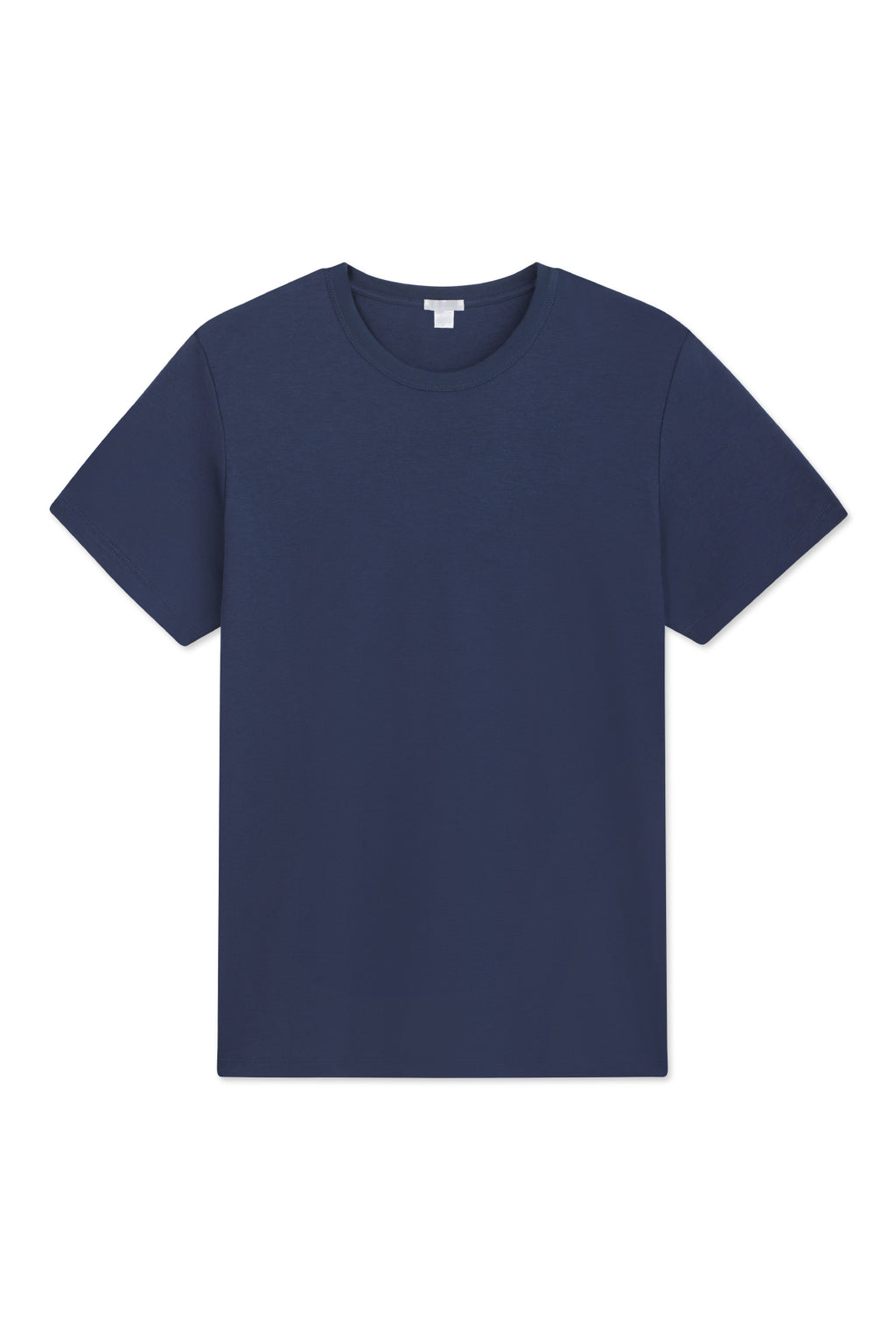 A Mens Pima Crewneck Tee in Navy, made from 100% Peruvian cotton, is laid flat on a white background.