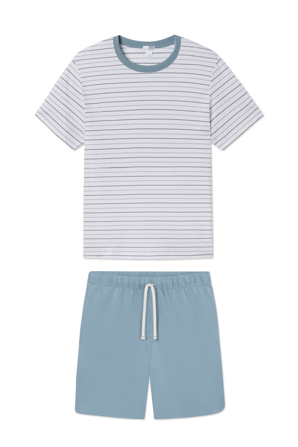 Mens Pima Sleep Shorts Set in Marlin Blue Nautical Stripe, featuring a white and light blue striped T-shirt and matching solid light blue shorts, made from 100% Pima cotton, displayed flat on a white background.