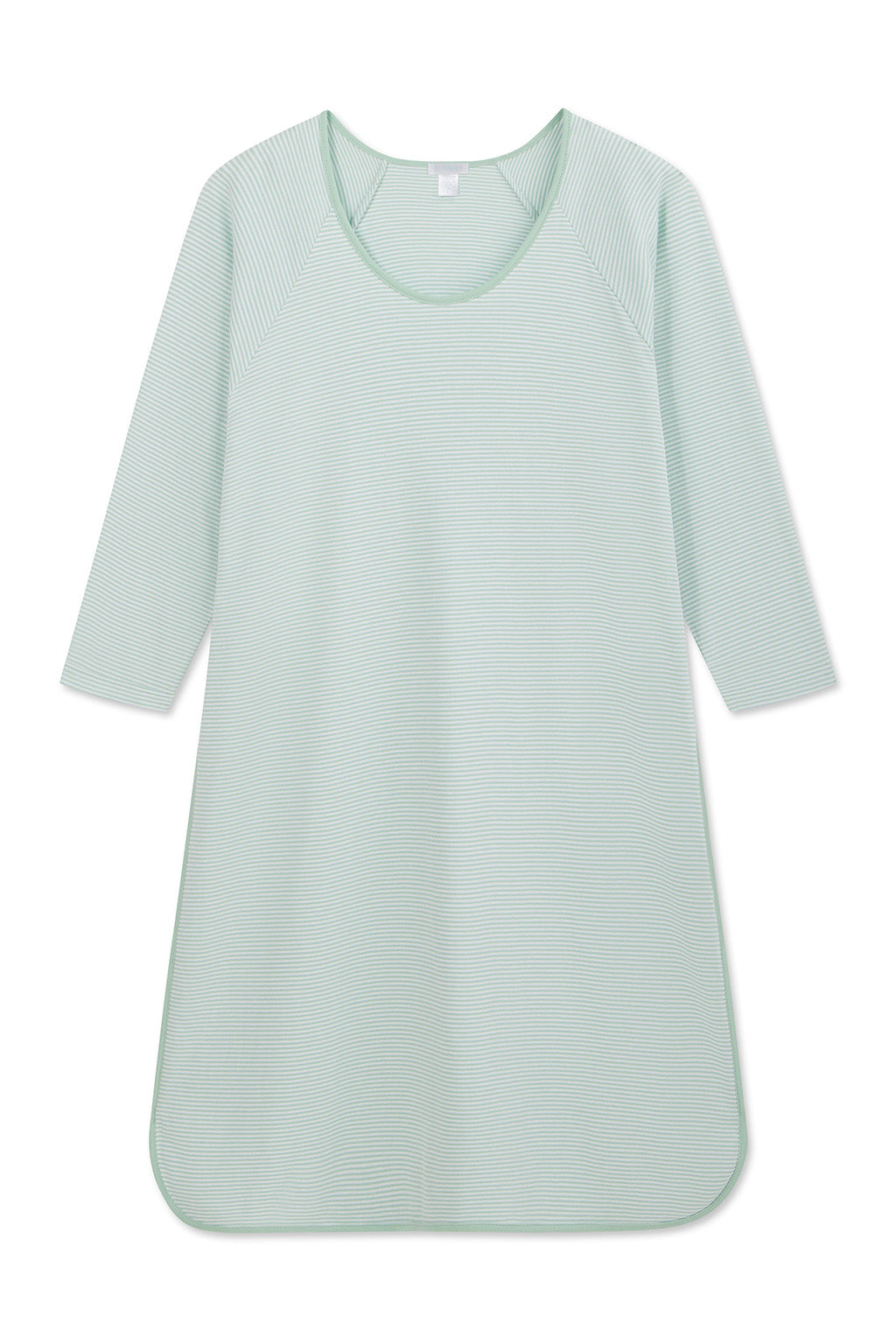 The Pima Long Sleeve Nightgown in Parisian Green features a light green hue, loose fit, round neckline, and three-quarter sleeves. Made from soft Pima Cotton, it includes subtle horizontal stripes and a slightly rounded hem for comfort.