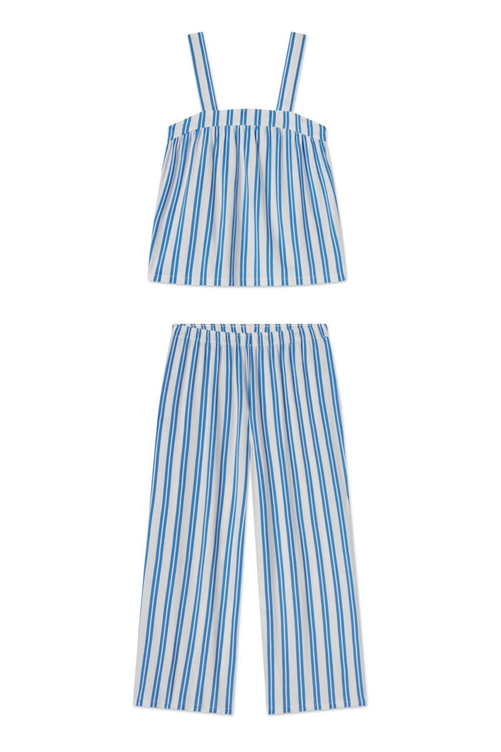 The DreamModal Daydream Pants Set in Regatta Stripe features a blue and white striped two-piece pajama with a sleeveless top, wide straps, and loose cropped pants with an elastic waistband, all crafted from soft DreamModal fabric.