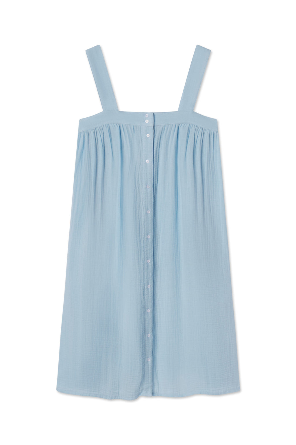 The Hamptons Nightgown in French Blue is a light blue sleeveless cotton modal dress with wide straps, a button-down front, and a loose, flowy fit—ideal for hot sleepers seeking breathable comfort.