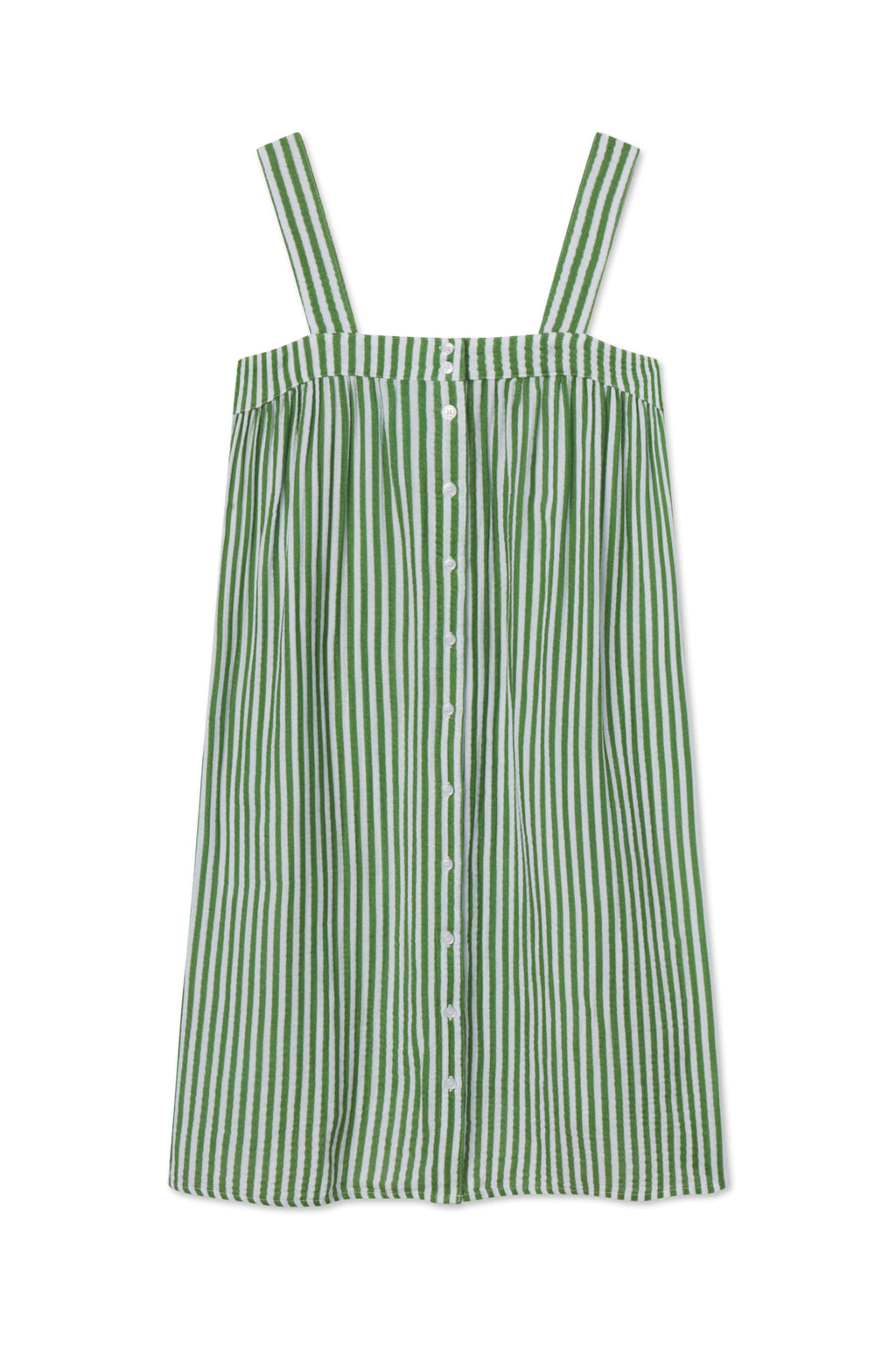 The Hamptons Nightgown in Palm Awning Stripe features green and white vertical stripes, wide shoulder straps, and front white buttons—crafted for hot sleepers in soft cotton modal.