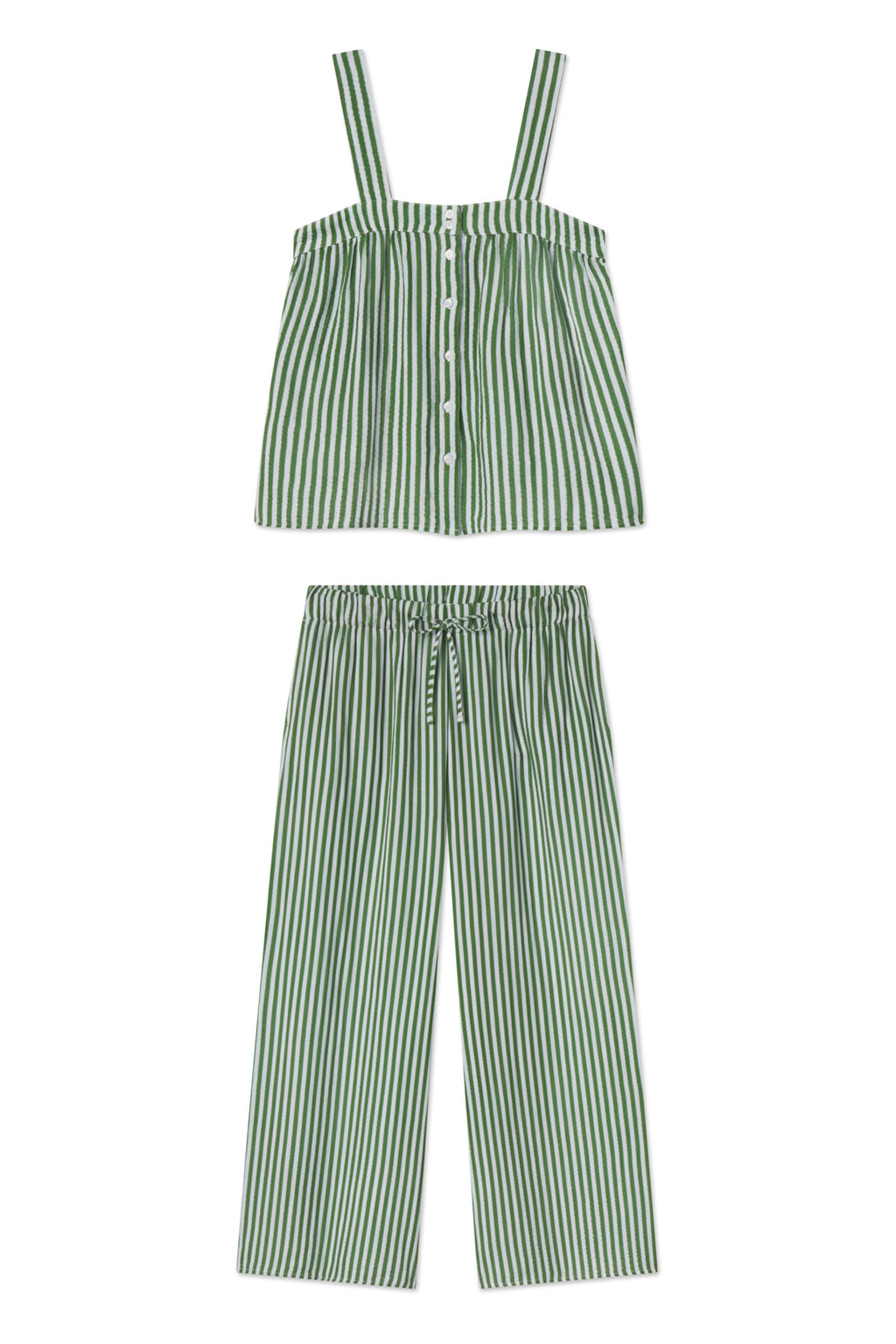 The Hamptons Pants Set in Palm Awning Stripe is a green and white striped two-piece pajama set with a sleeveless button-up top and wide-leg pants—ideal for hot sleepers seeking comfort.