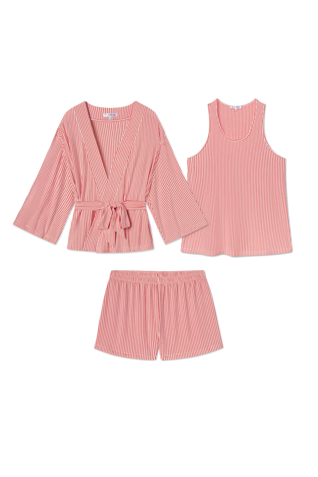DreamModal Kimono Shorts Bundle in Terrace Pencil Stripe: a three-piece women’s pajama set with a belted kimono robe, sleeveless tank top, and elastic waist shorts, all shown laid flat on a white background.