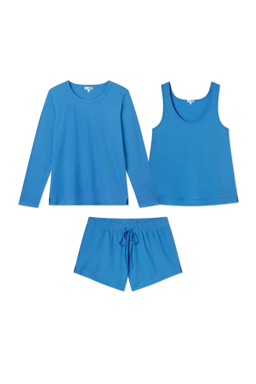 The Pointelle Shorts Bundle in Regatta, shown on a white background, includes a blue long-sleeve top, sleeveless tank top, and Pointelle Shorts in soft Pima cotton.