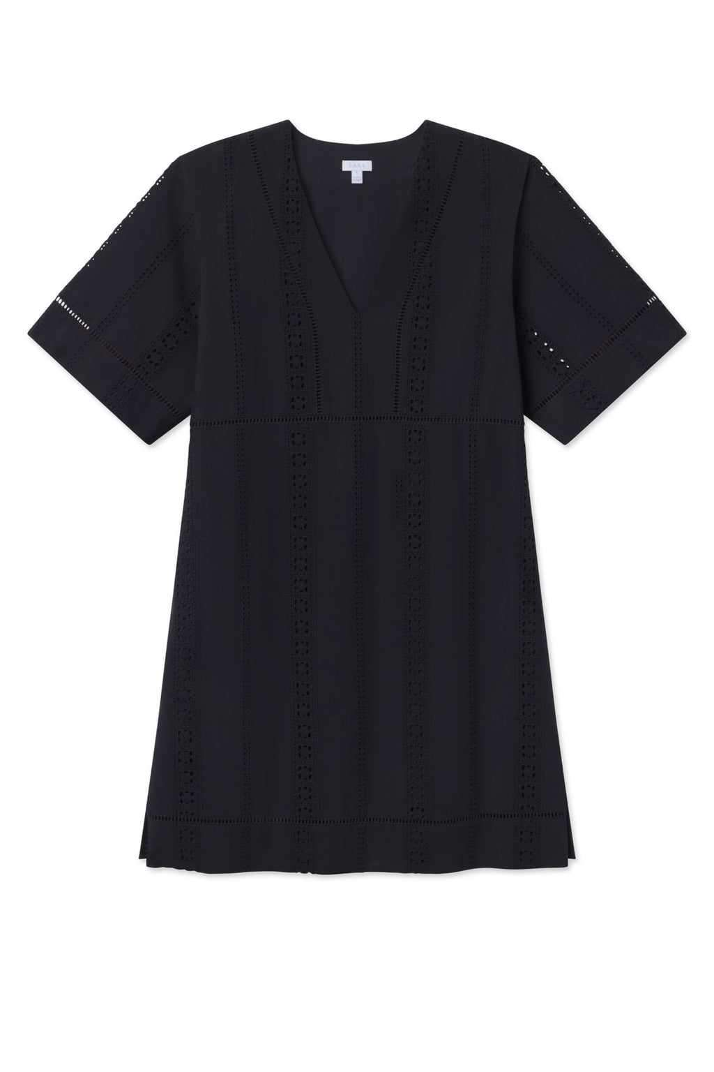 The Cafe Dress in Black Eyelet is a short-sleeve, cotton dress featuring a deep V neckline, relaxed fit, delicate eyelet detailing, and a modest hemline, shown against a white background.