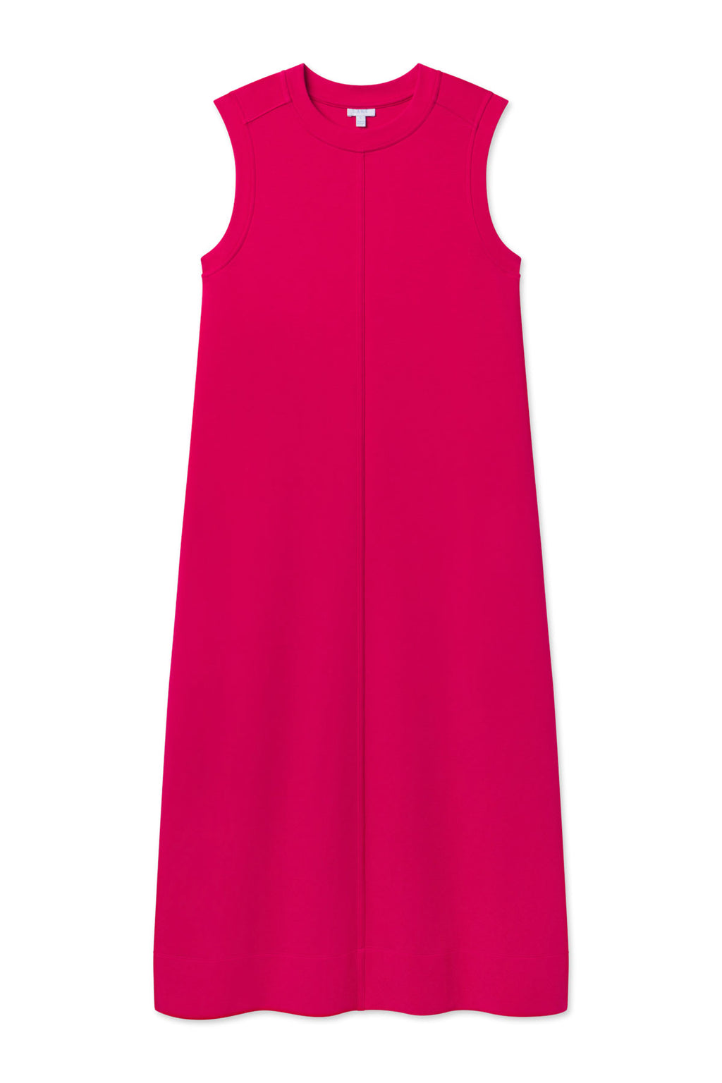 The Dash Dress in Magenta is a sleeveless, stretch knit midi dress with a round neckline and minimal seams, displayed flat on a white background. Its flattering A-line silhouette offers versatile style.