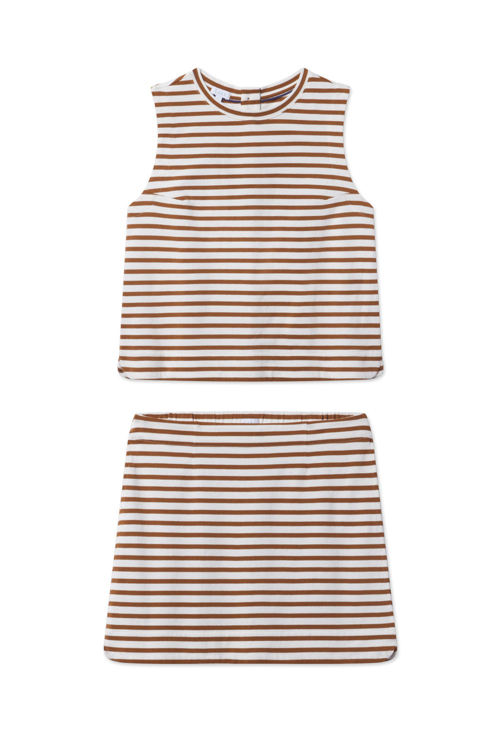 The Stroll Skirt Set in Cinnamon Tricot Stripe includes a sleeveless top and matching skirt made from 100% cotton with soft, casual horizontal brown and white stripes on a white background.