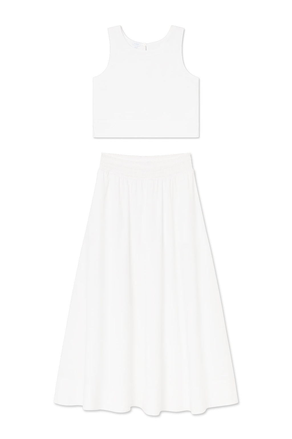 The Terrace Skirt Set in White features a sleeveless crop top and a high-waisted, midi-length skirt in wrinkle-resistant cotton poplin, shown against a plain white background.