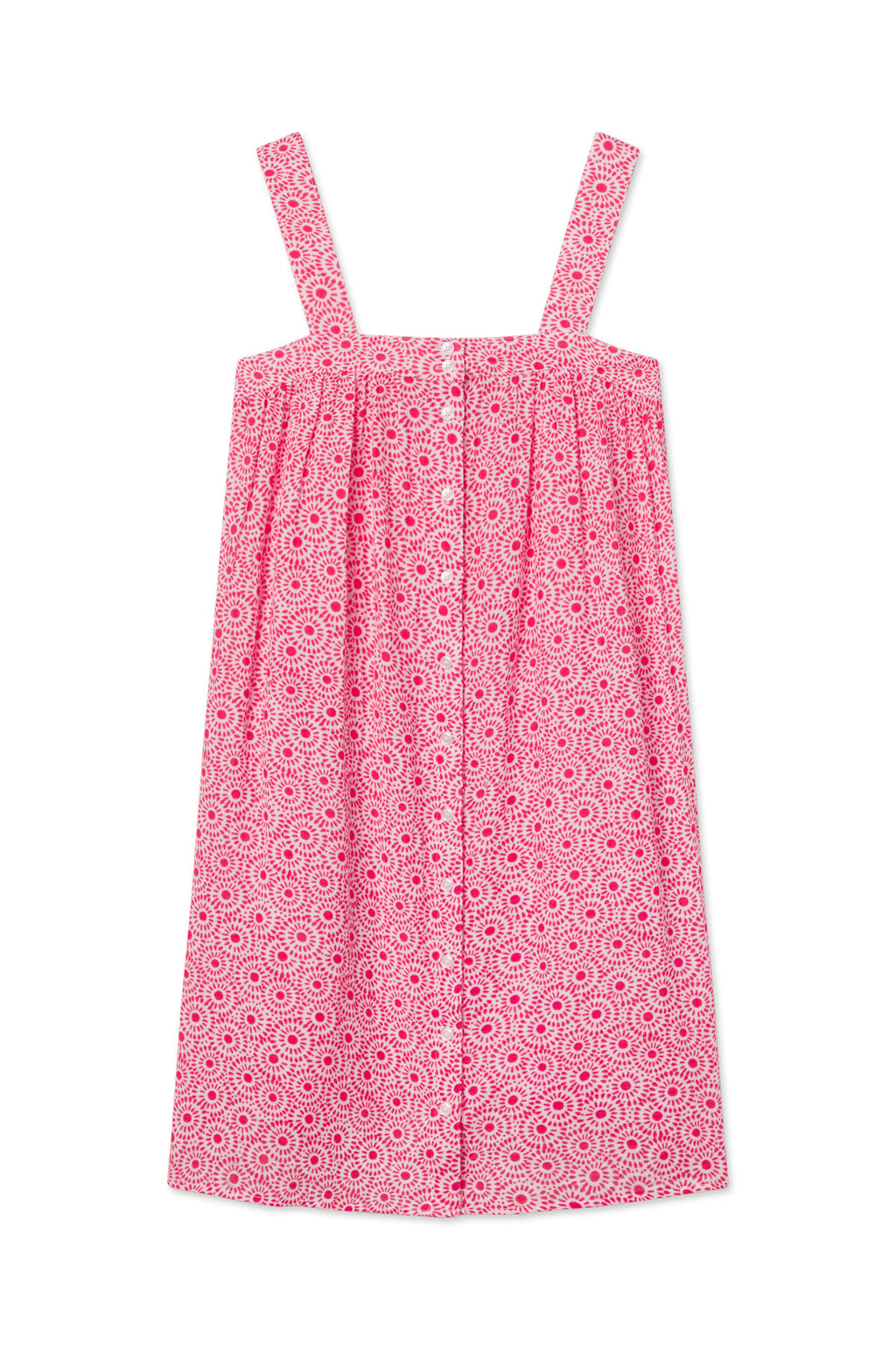 The Hamptons Nightgown in Bougainvillea Dot Gauze is a sleeveless, knee-length nightgown with wide straps, a pink and white floral dot pattern, front pleats, and a relaxed fit—ideal for hot sleepers.