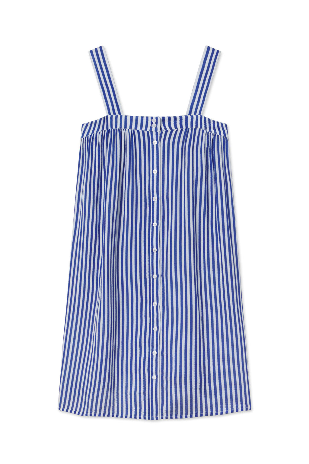 The Hamptons Nightgown in Lapis Stripe Gauze is a sleeveless dress with wide straps, blue and white stripes, and a front button-down design—ideal for hot sleepers seeking comfort and style.
