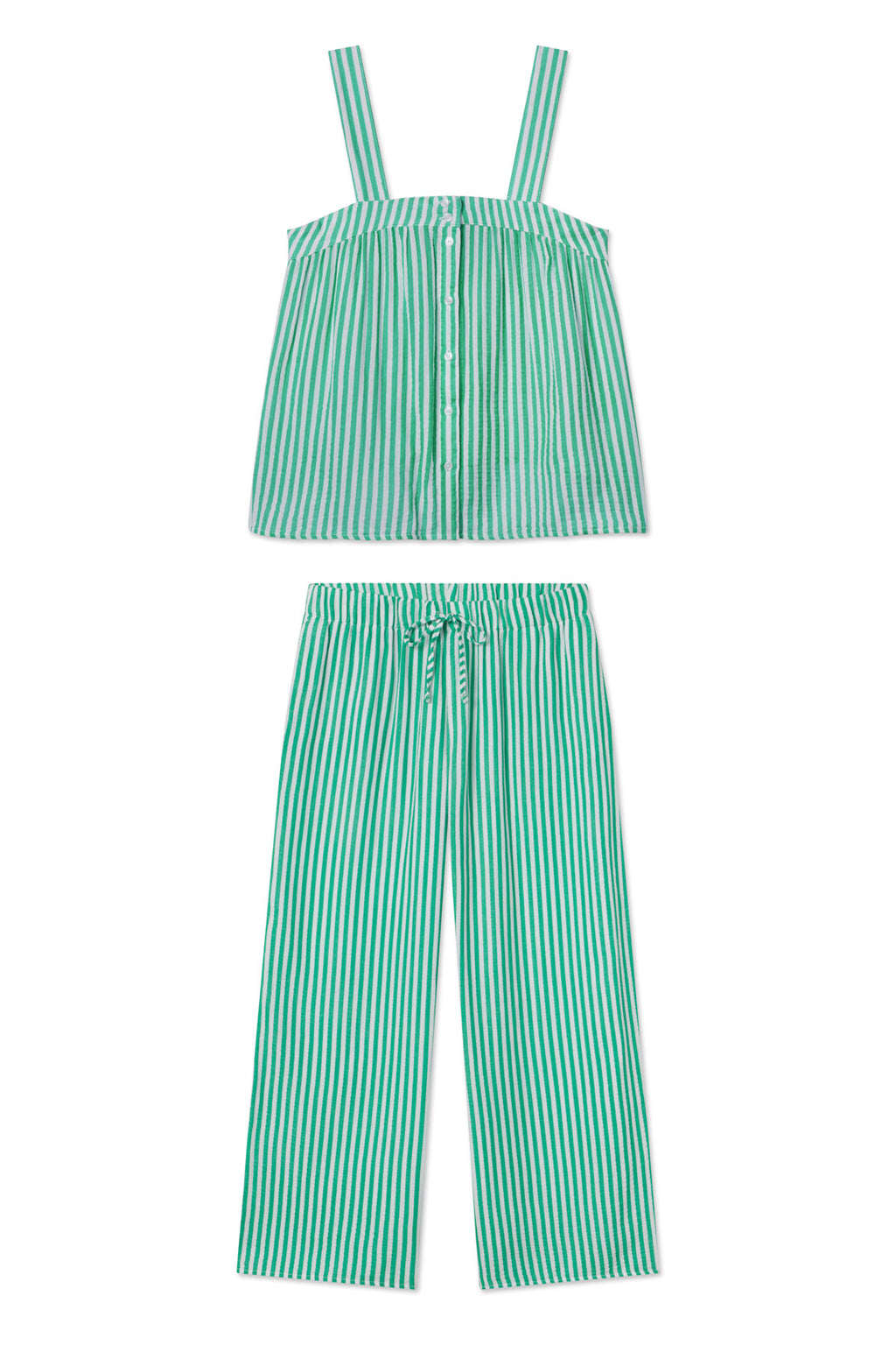 The Hamptons Pants Set in Jadeite Stripe Gauze features green and white vertical stripes, a sleeveless button-front top with wide straps, and loose-fit drawstring waist pants in soft gauze sleepwear.