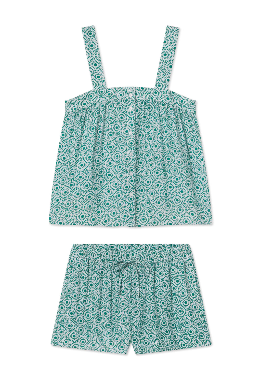 The Hamptons Shorts Set in Opulent Dot Gauze features a sleeveless top with wide straps and shorts, showcasing a blue and white circular geometric pattern on light blue—ideal for hot sleepers.
