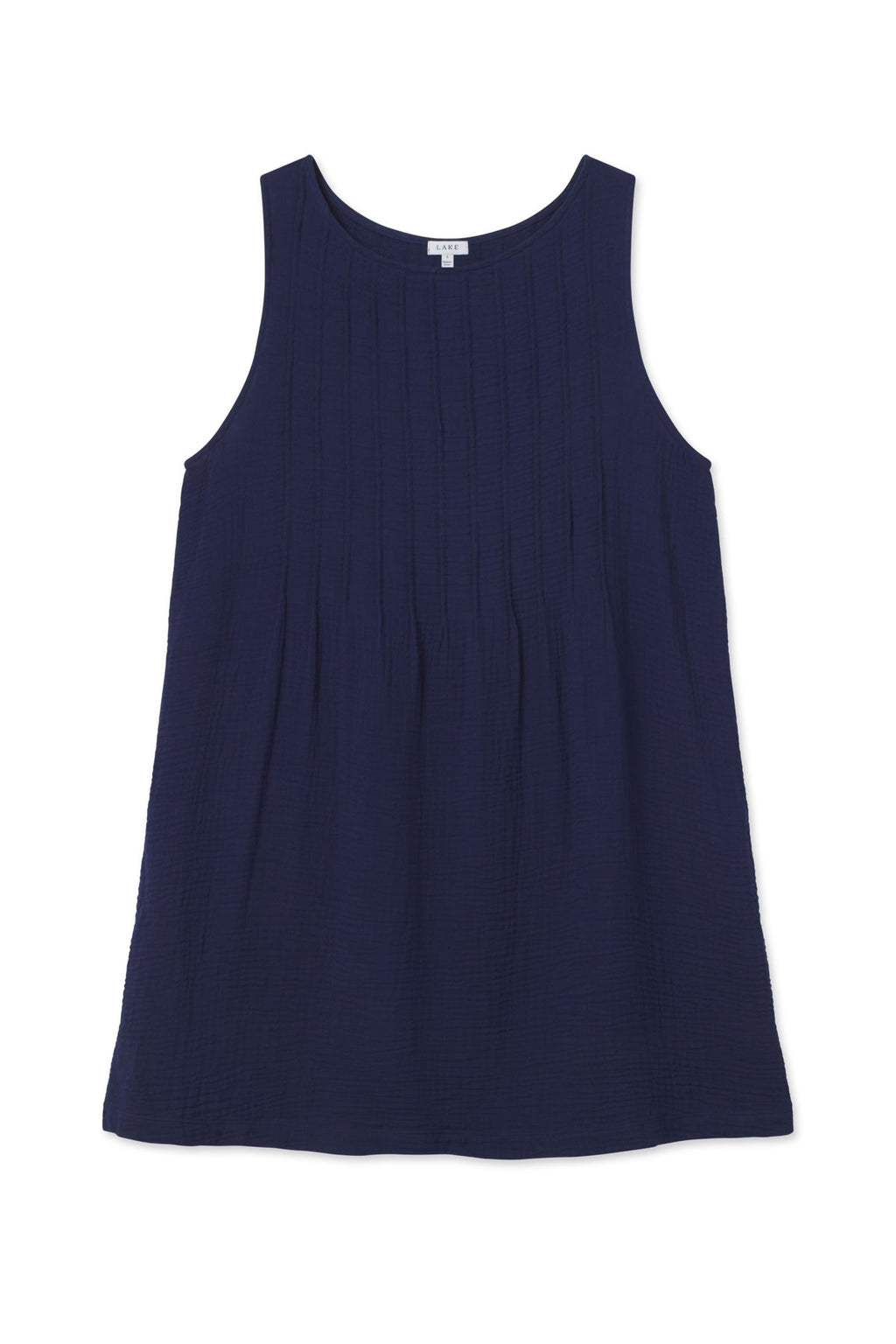 Monaco Nightgown in Blue Depths Gauze—a sleeveless, navy blue nightgown with a crinkled texture and subtle vertical lines—laid flat on a white background for a stylish and comfortable look.
