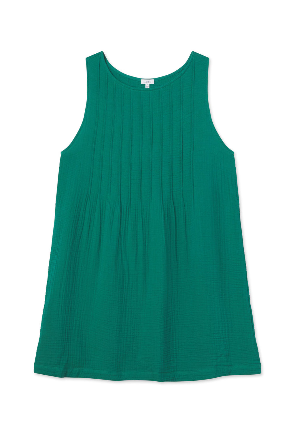 The Monaco Nightgown in Opulent Gauze is a sleeveless, loose-fitting jewel-tone green nightgown with vertical textured lines and a round neckline, displayed flat on a white background.