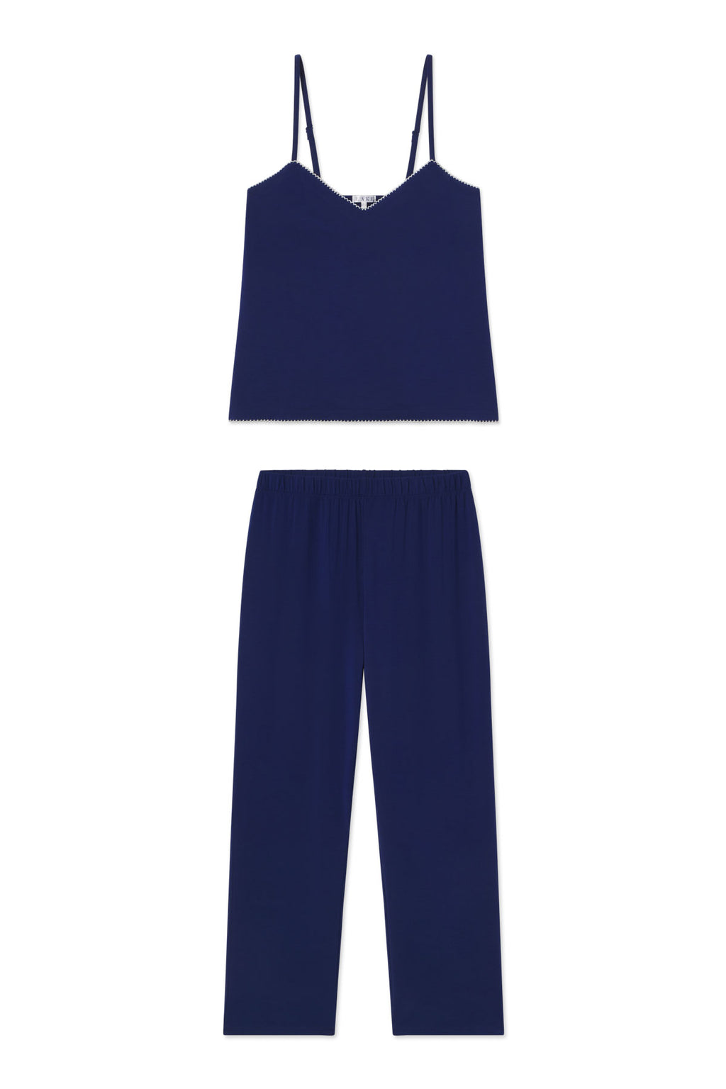 Navy blue two-piece pajama set with scalloped cami top and matching elastic-waist pants.