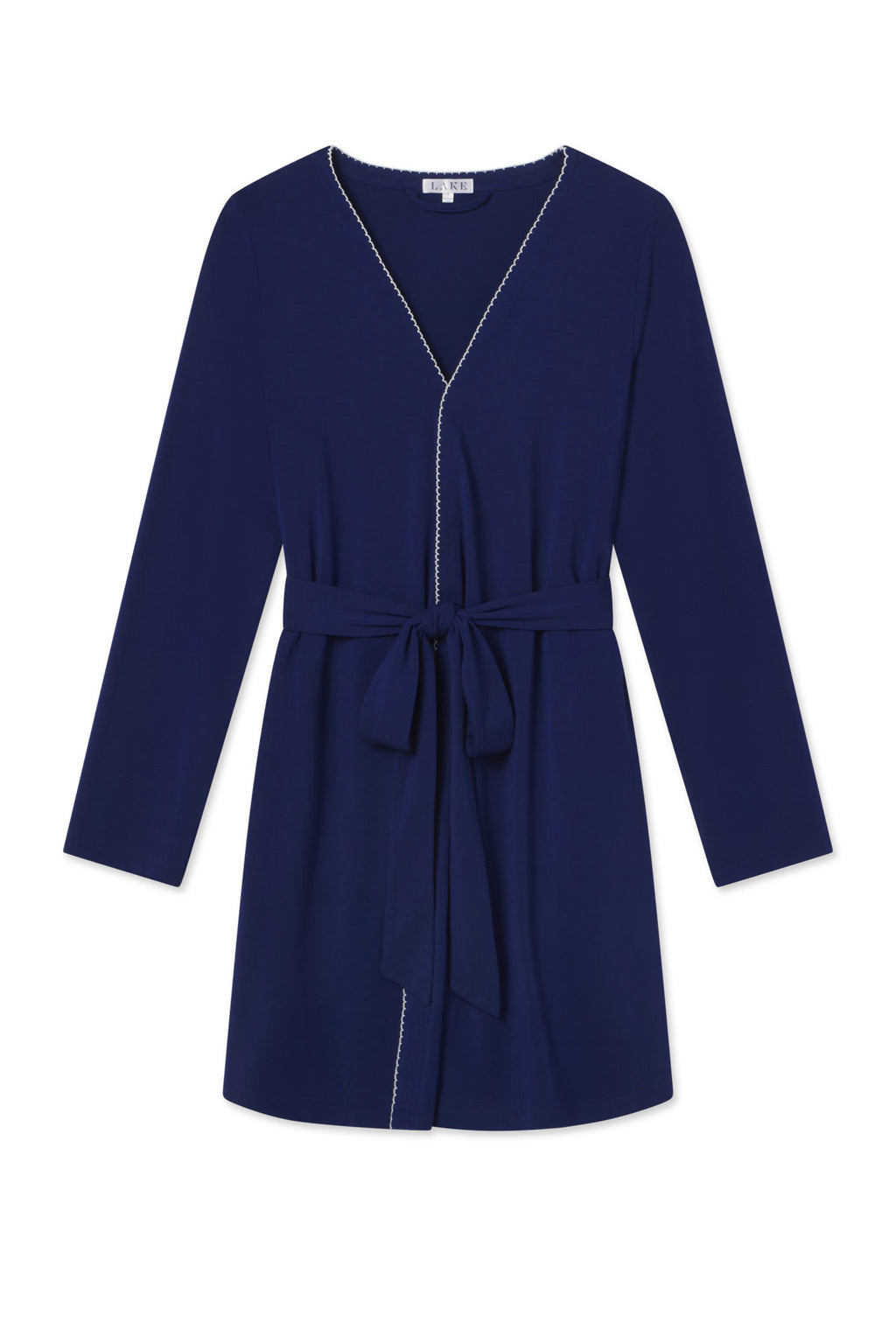 Dark blue short robe with long sleeves, V-neckline, contrast stitching detail, and tie waist closure.