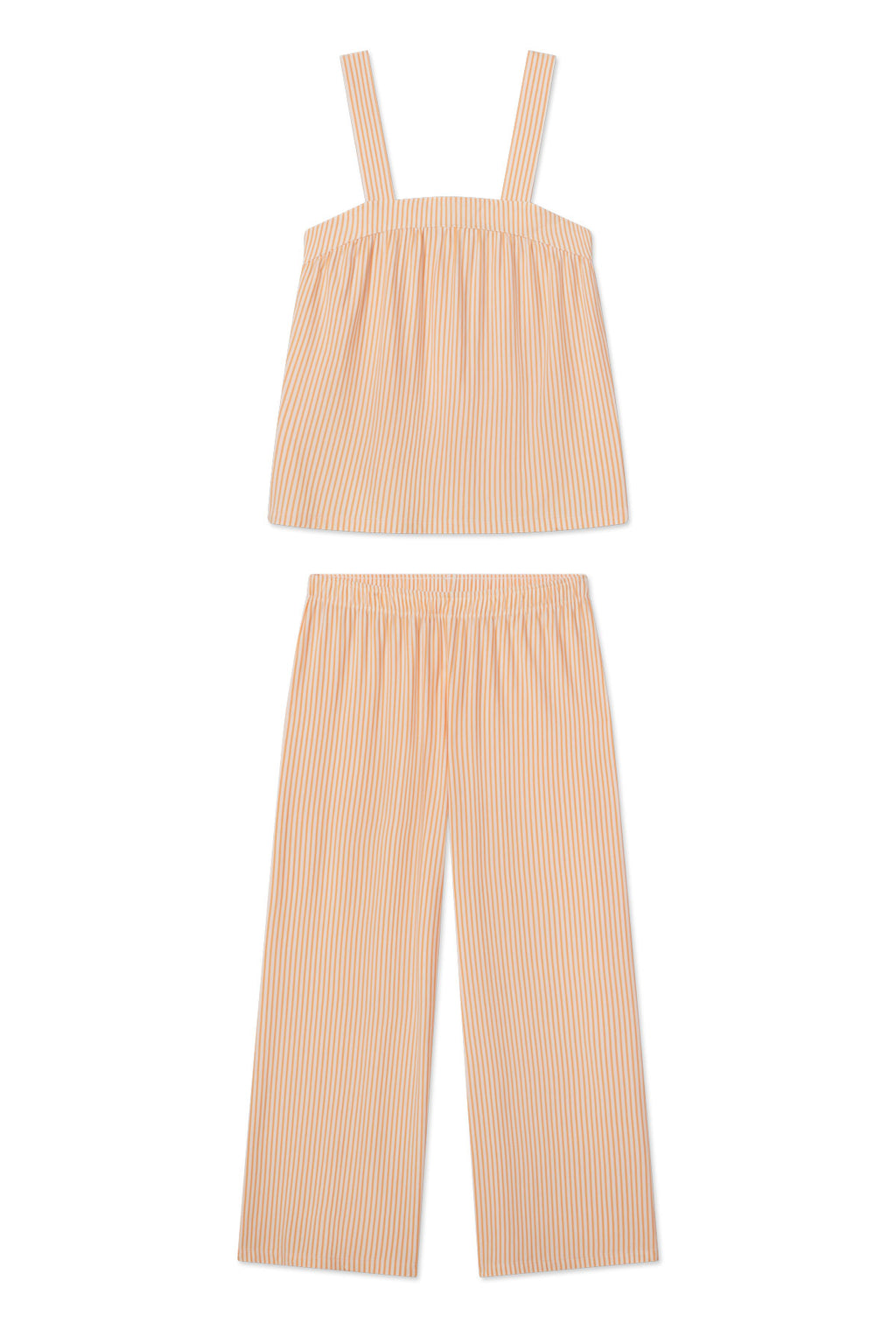 Marigold and white vertical striped sleeveless top and matching wide-leg pants with elastic waistband.