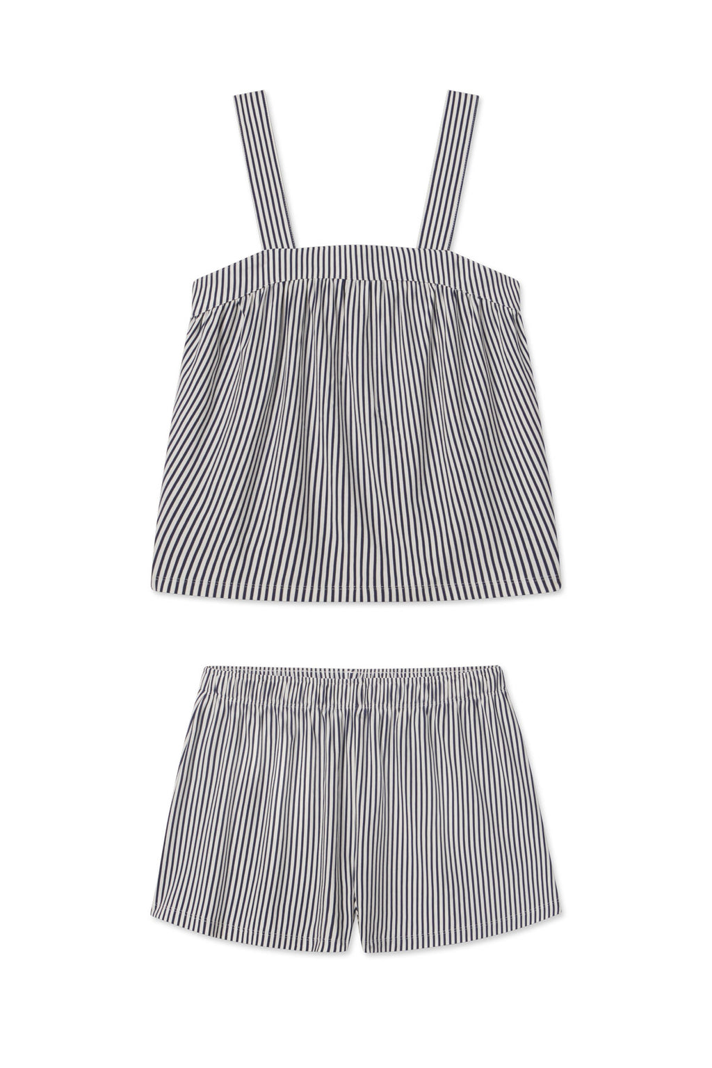 Blue and white vertical striped tank top and shorts set with thin shoulder straps and elastic waistband.