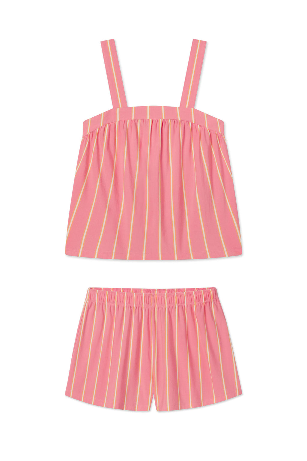 Pink and yellow striped two-piece set with square neckline tank top and matching shorts.