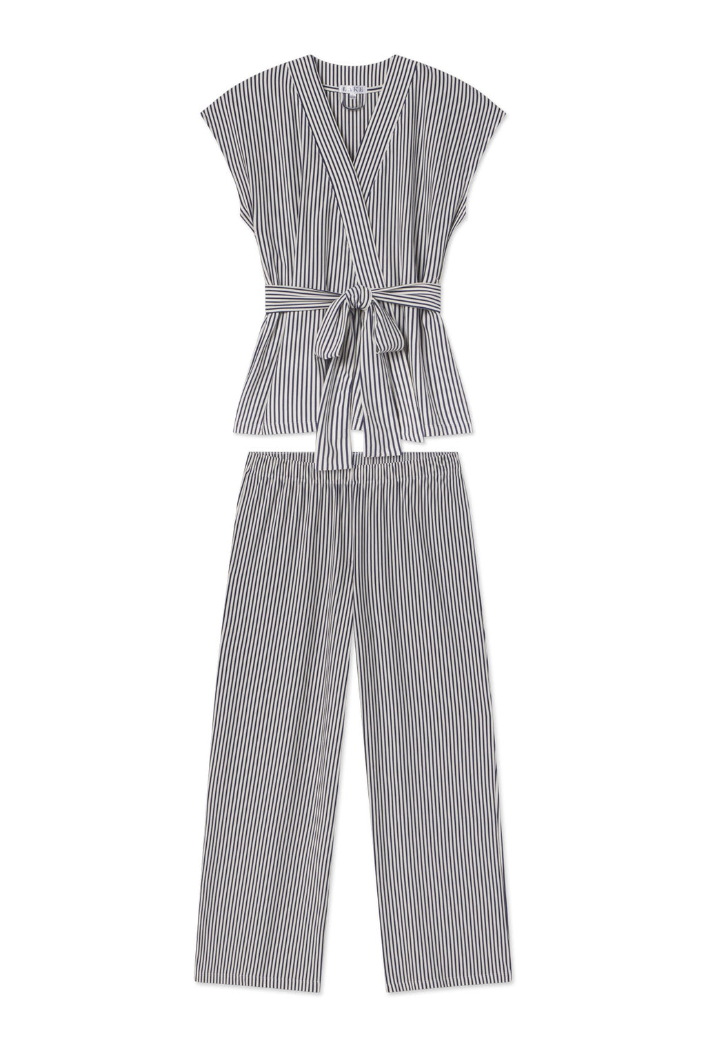 Short sleeve kimono pajama set with vertical pencil stripe pattern, tie waist top, and matching pants.