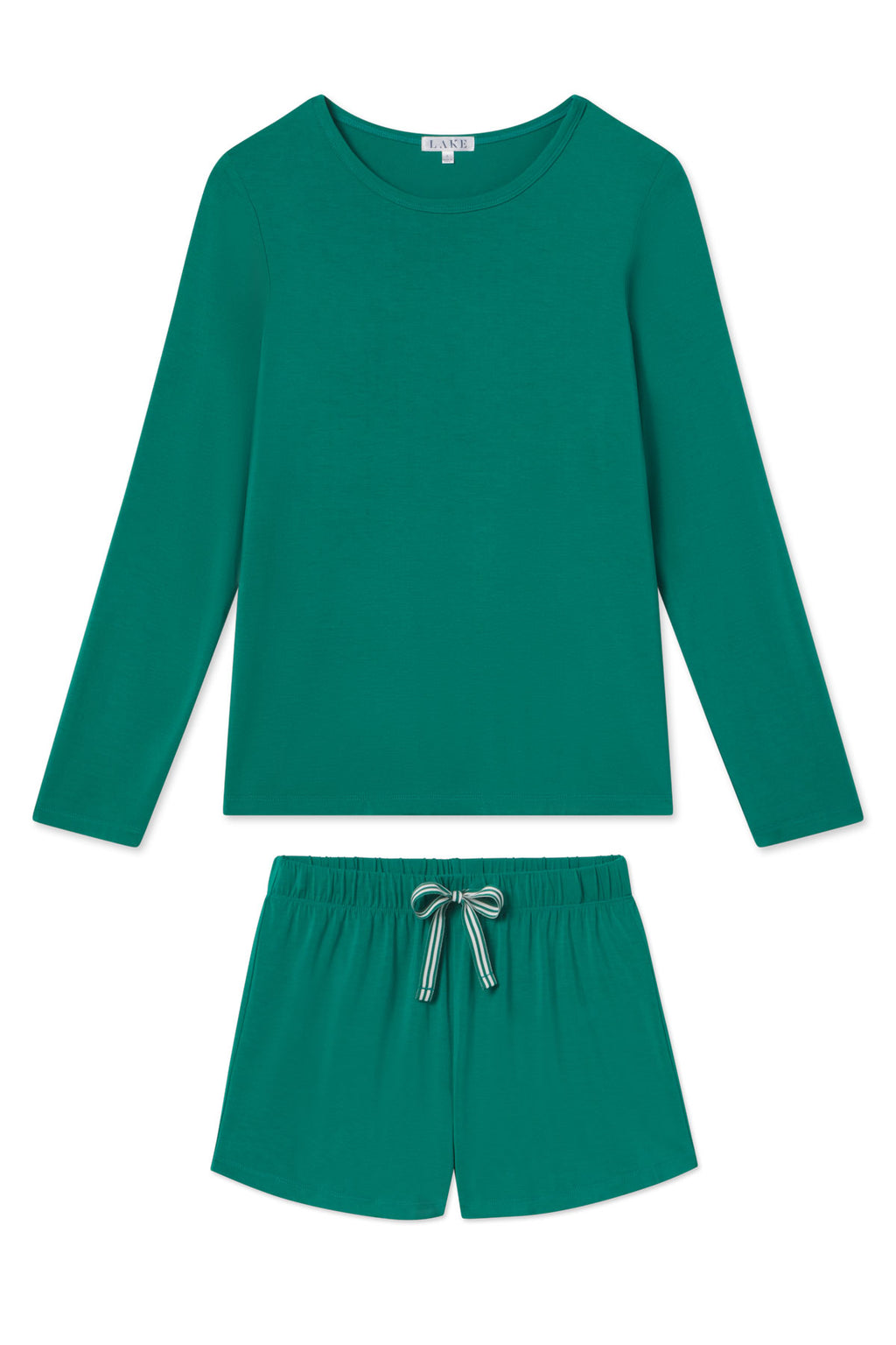 Teal long-sleeve top and matching shorts set with drawstring waist.