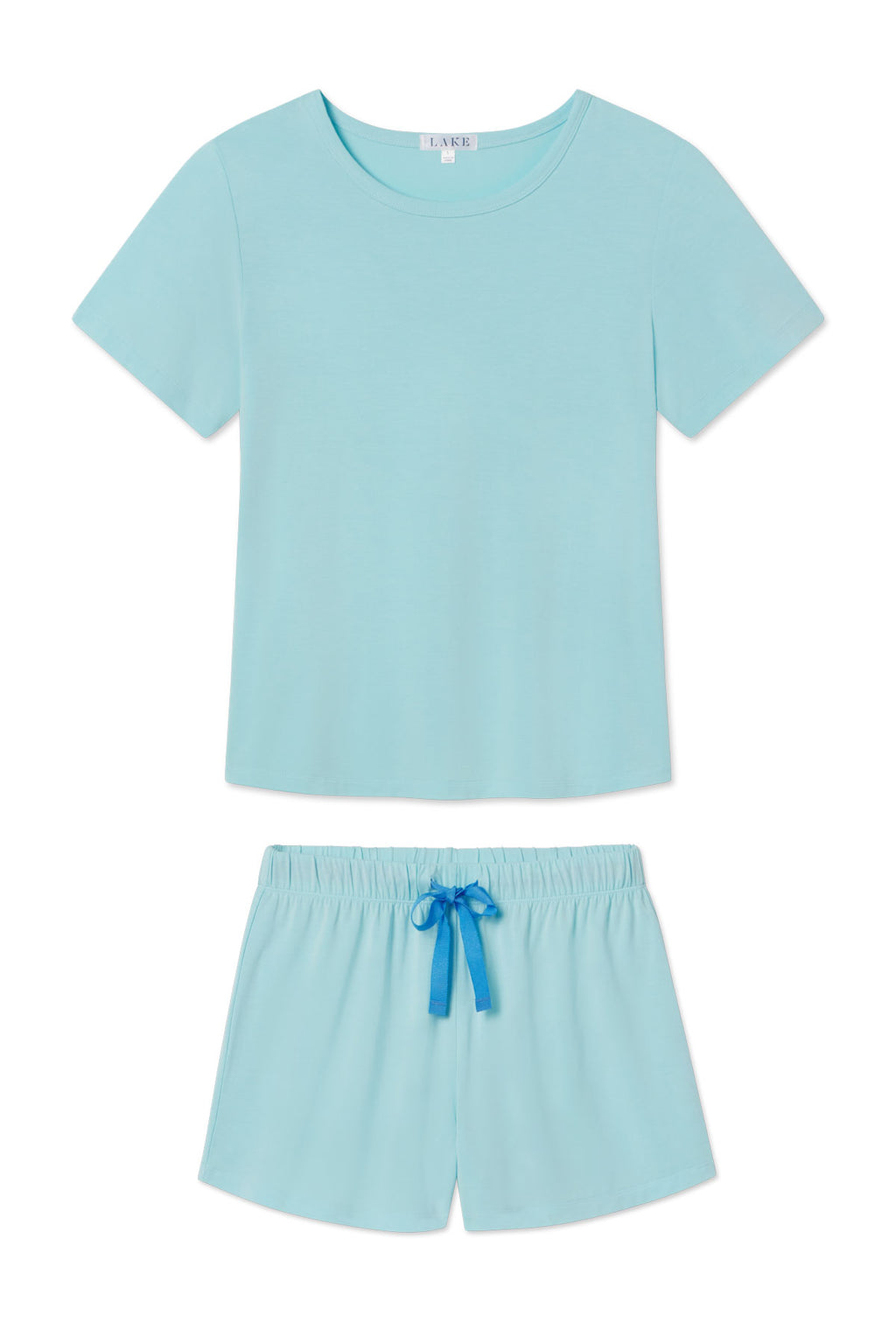 Light blue short-sleeve t-shirt and matching shorts with blue ribbon drawstring tie.