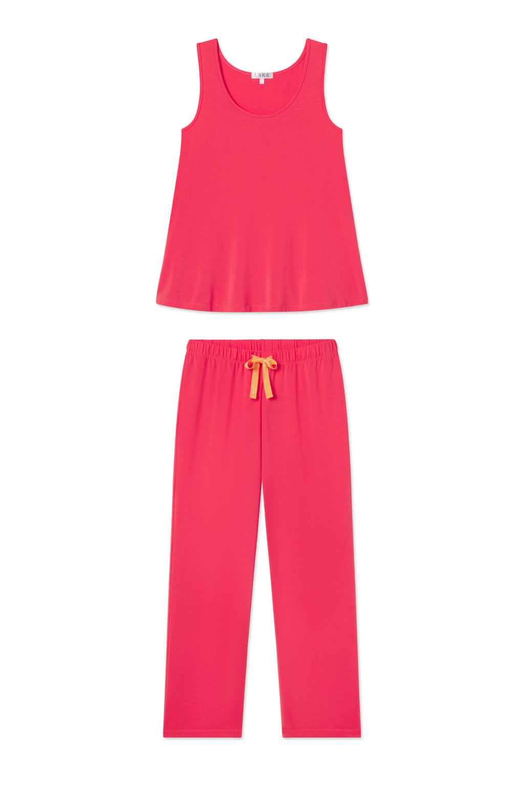 Bougainvillea pink sleeveless tank top and matching long pants with gold ribbon drawstring.