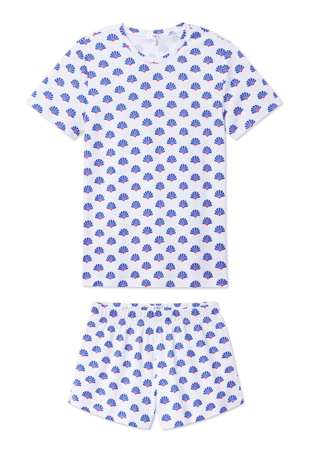 Two-piece Pima cotton set with crew neck tee and shorts in white with blue and pink scallop shell print throughout.