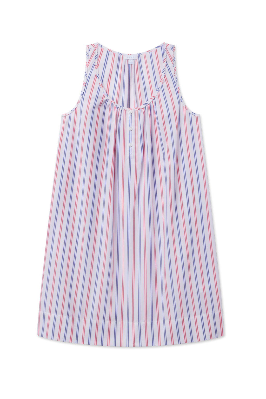 Sleeveless nightgown with vertical pink and blue stripes, featuring a curved neckline and gathered bodice detail.