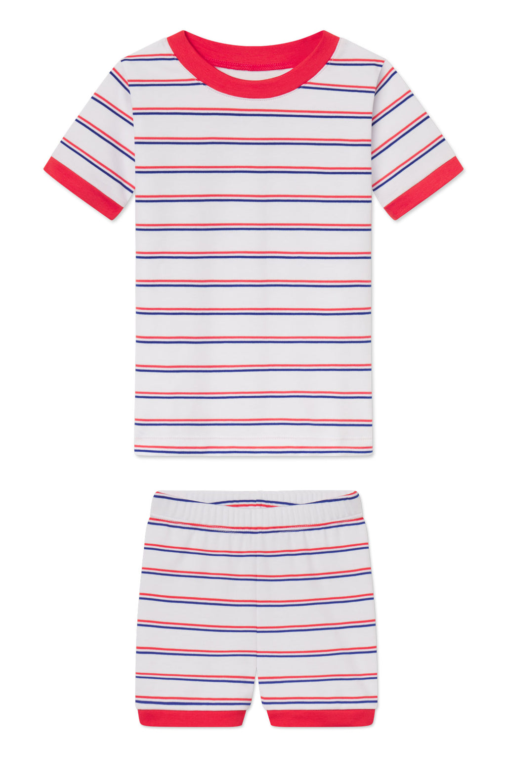Striped kids two-piece set with red and navy horizontal stripes on white, red trim at neckline, sleeves, and shorts cuffs.