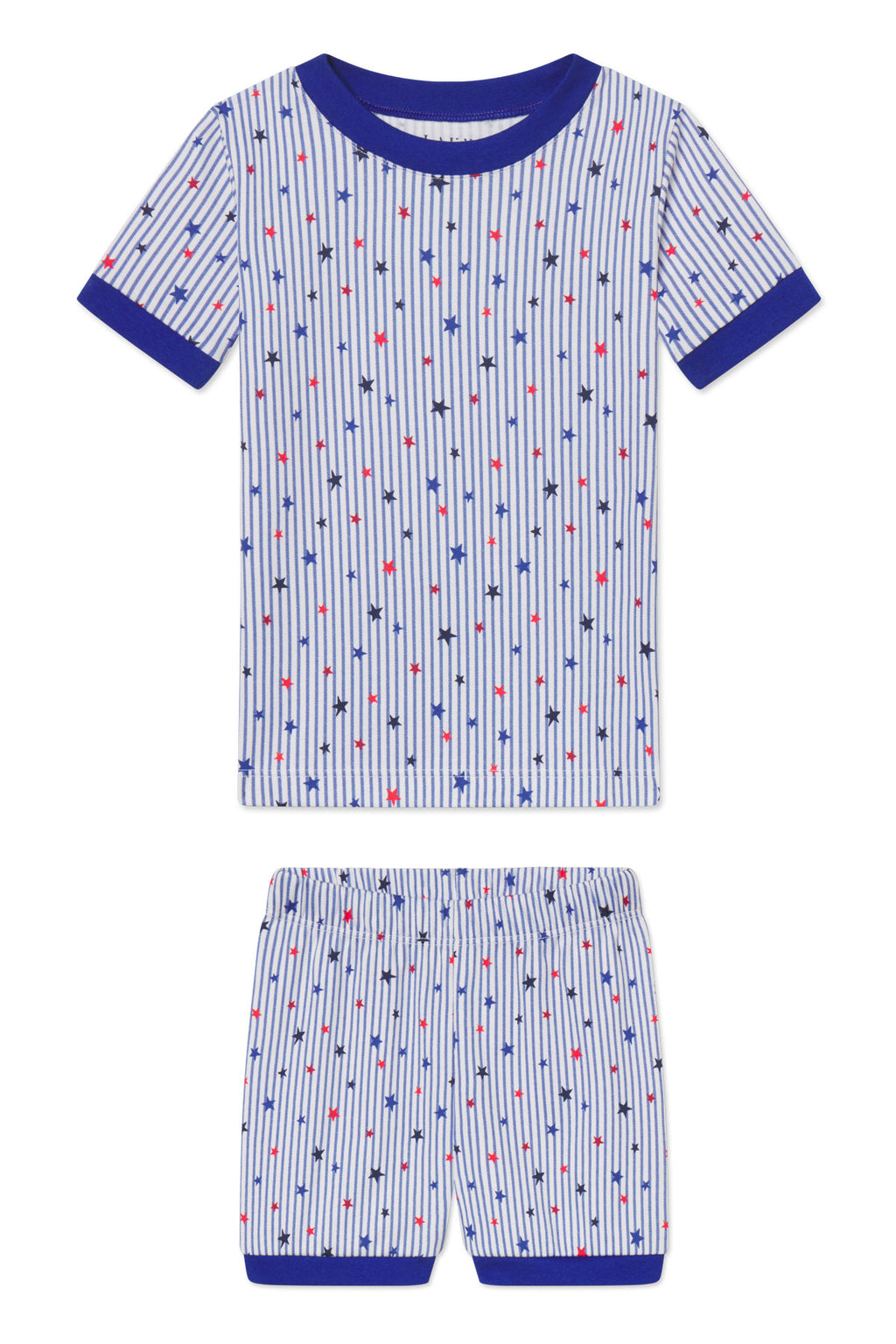 Two-piece kids pajama set with striped shirt and shorts, featuring red and blue stars throughout, navy trim and cuffs.