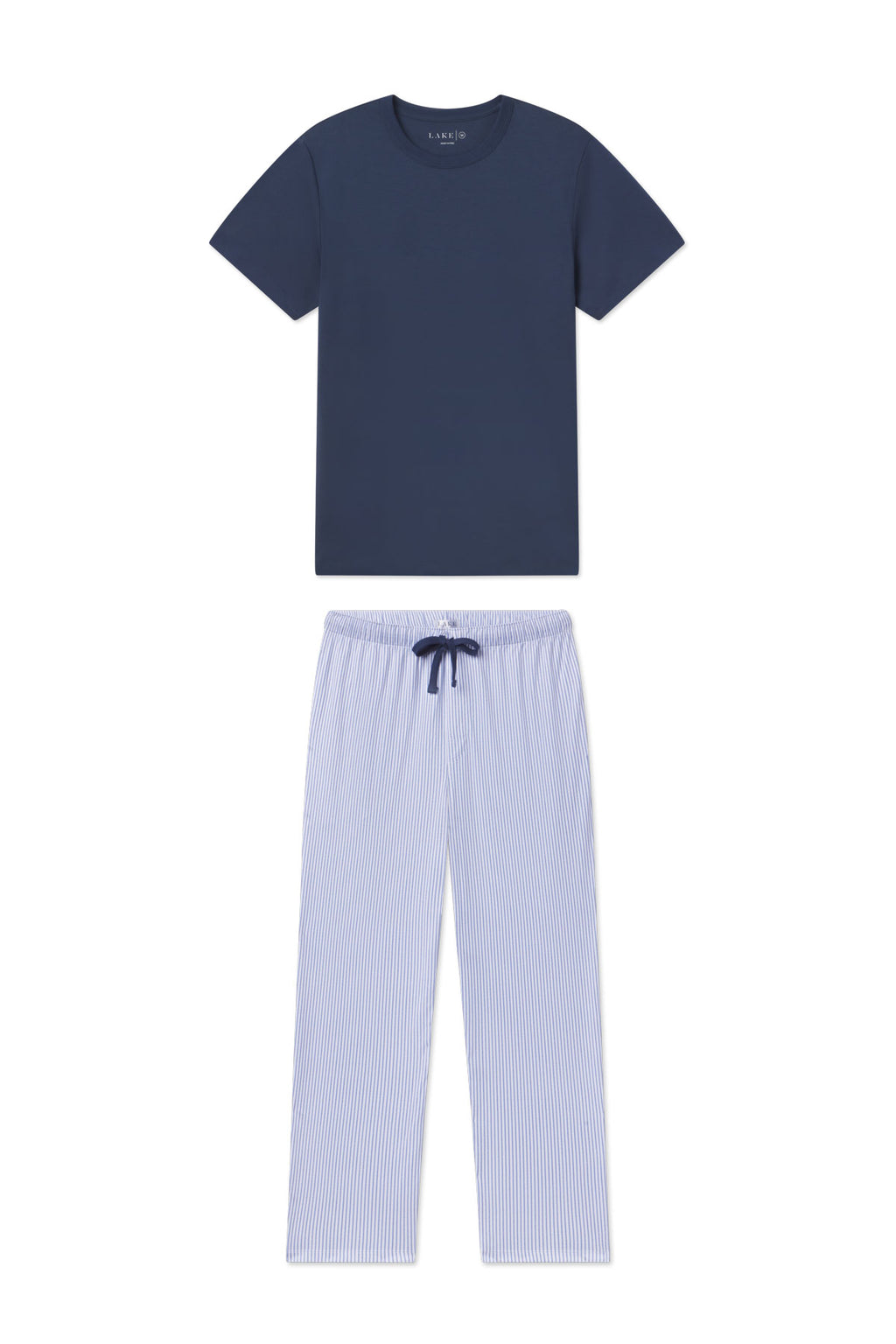 Navy short-sleeve t-shirt with light blue and white striped pants featuring a drawstring waist.
