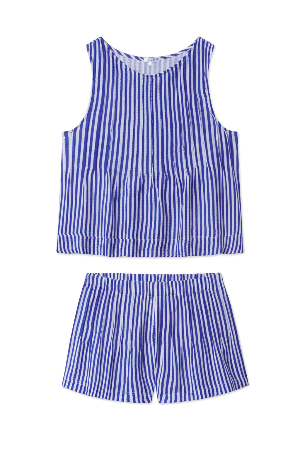 Two-piece set with blue and white vertical striped sleeveless tank top and matching shorts.